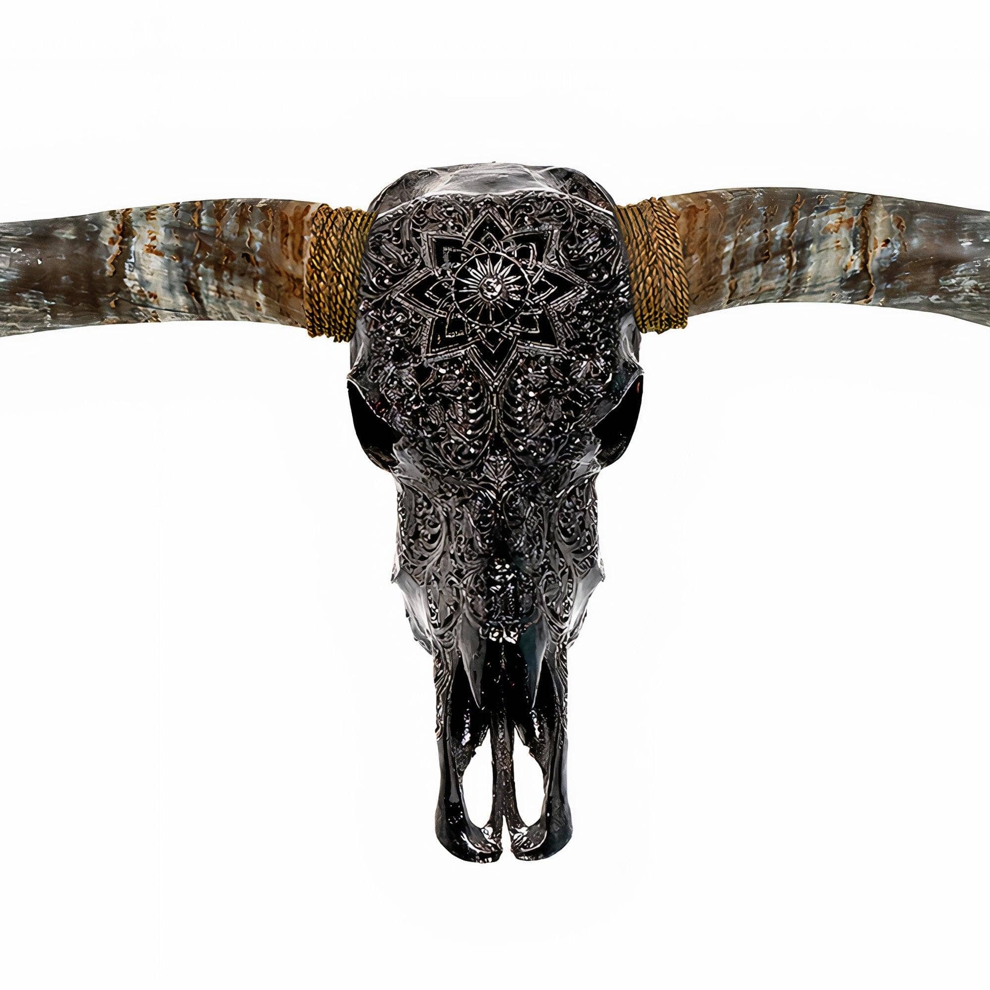 Hand Carved Longhorn Skull // XL Horns - Black Mandala