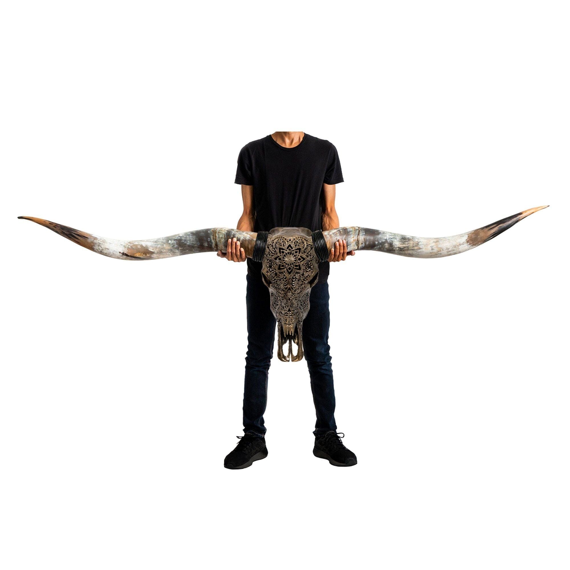 Hand Carved Longhorn Skull // XL Horns - Antique Bronze Mandala // Metallic Finish