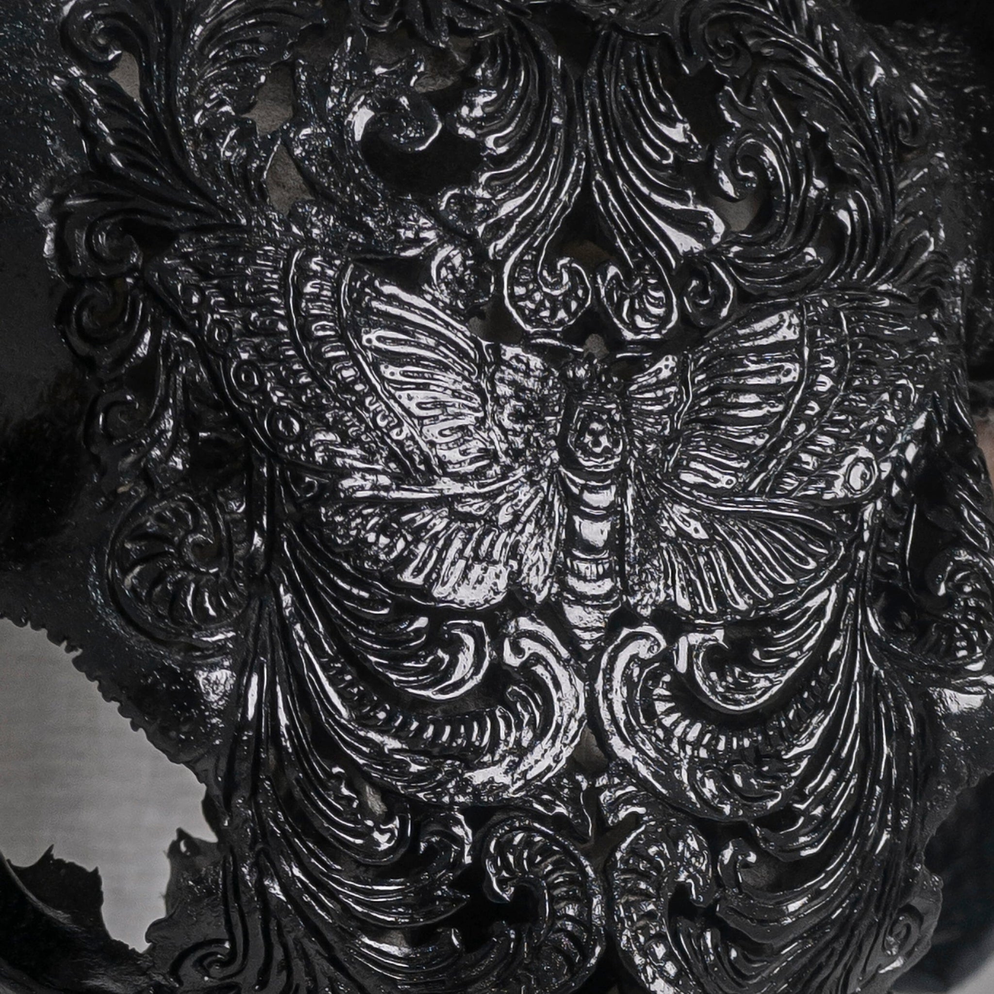 Hand Carved Cow Skull - Black Moth