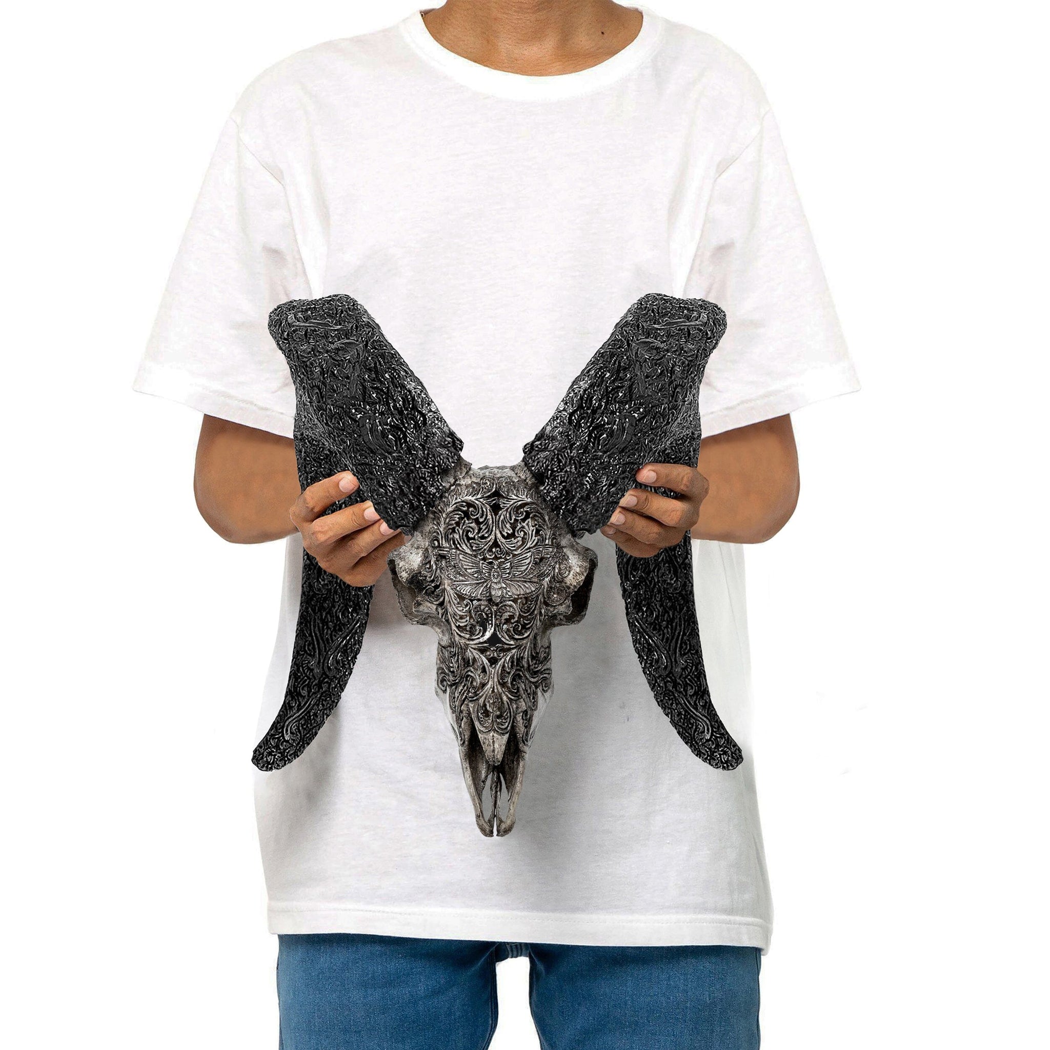 Hand Carved Ram Skull - Gray Moth