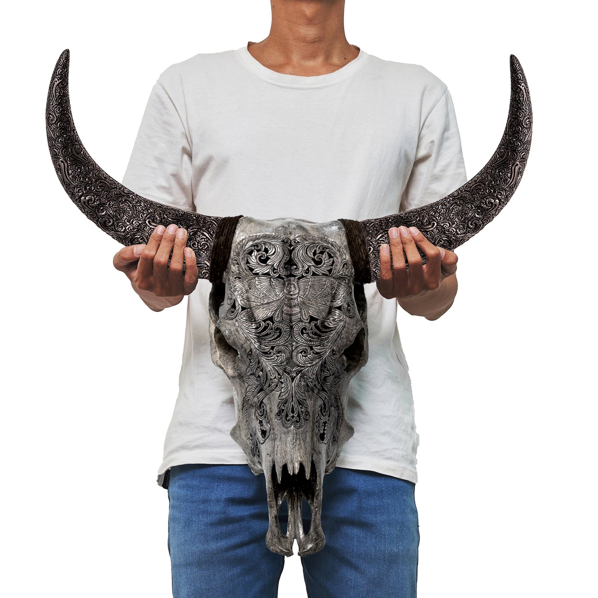 Hand Carved Cow Skull - Gray Moth