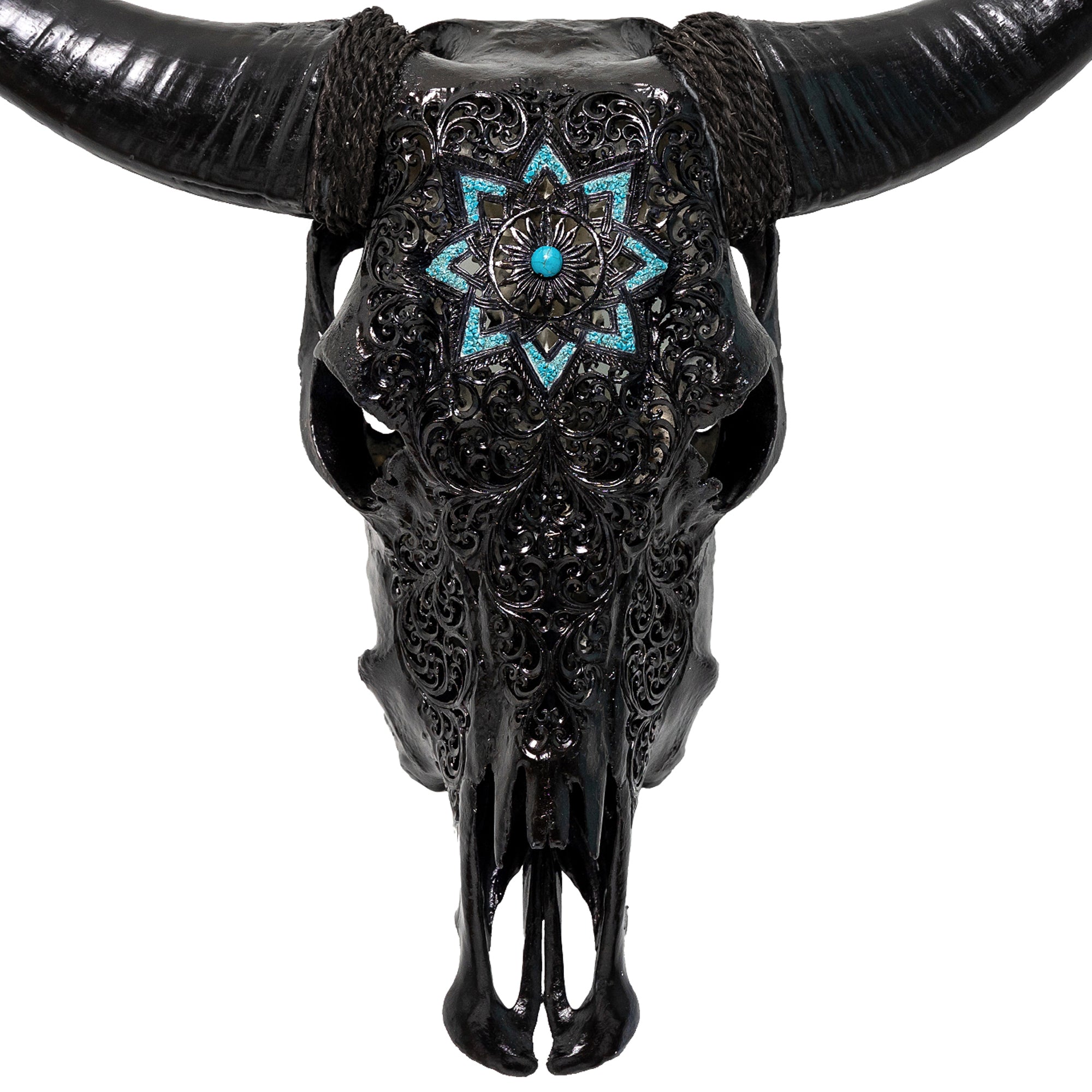 Hand Carved Cow Skull - Black Glowing Mandala