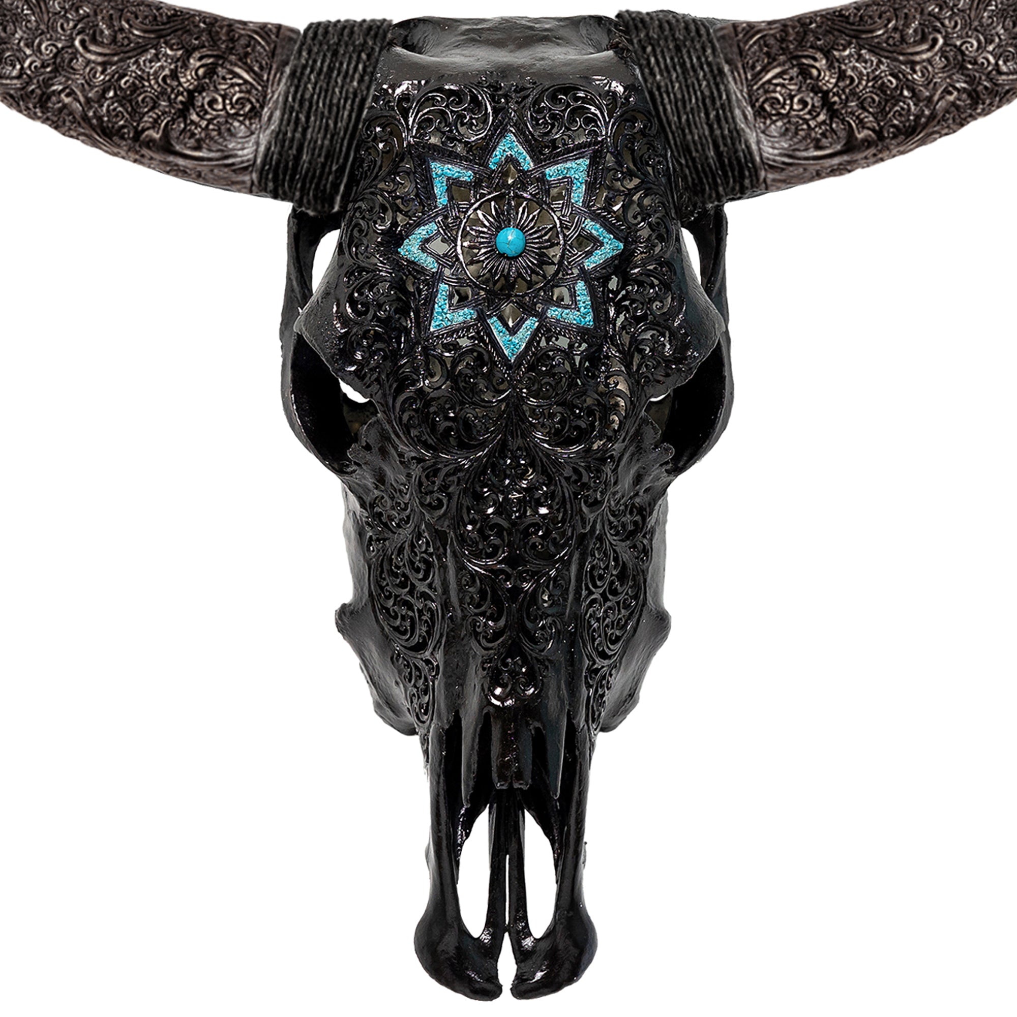 Hand Carved Cow Skull - Black Glowing Mandala