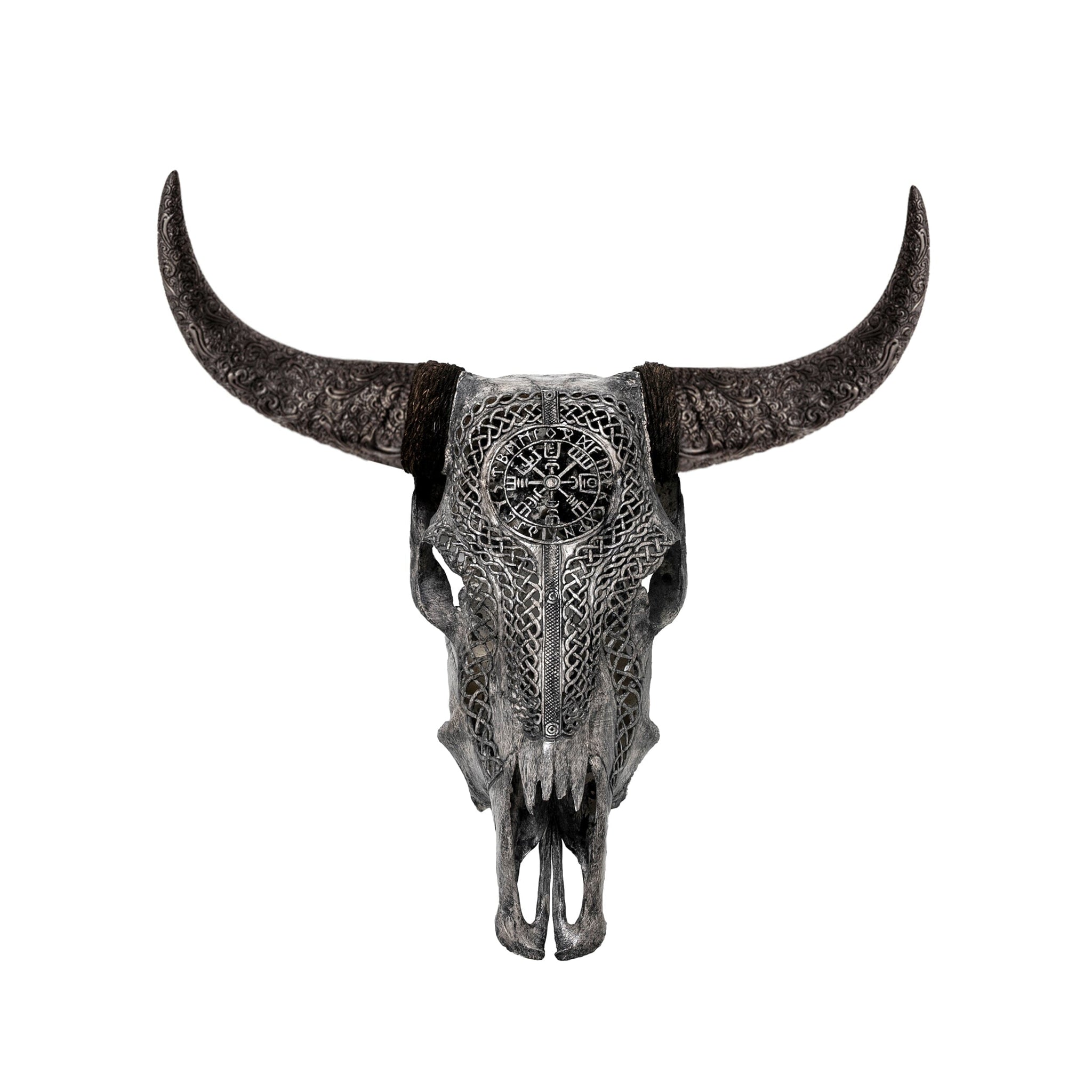 Hand Carved Cow Skull - Gray Vegvísir