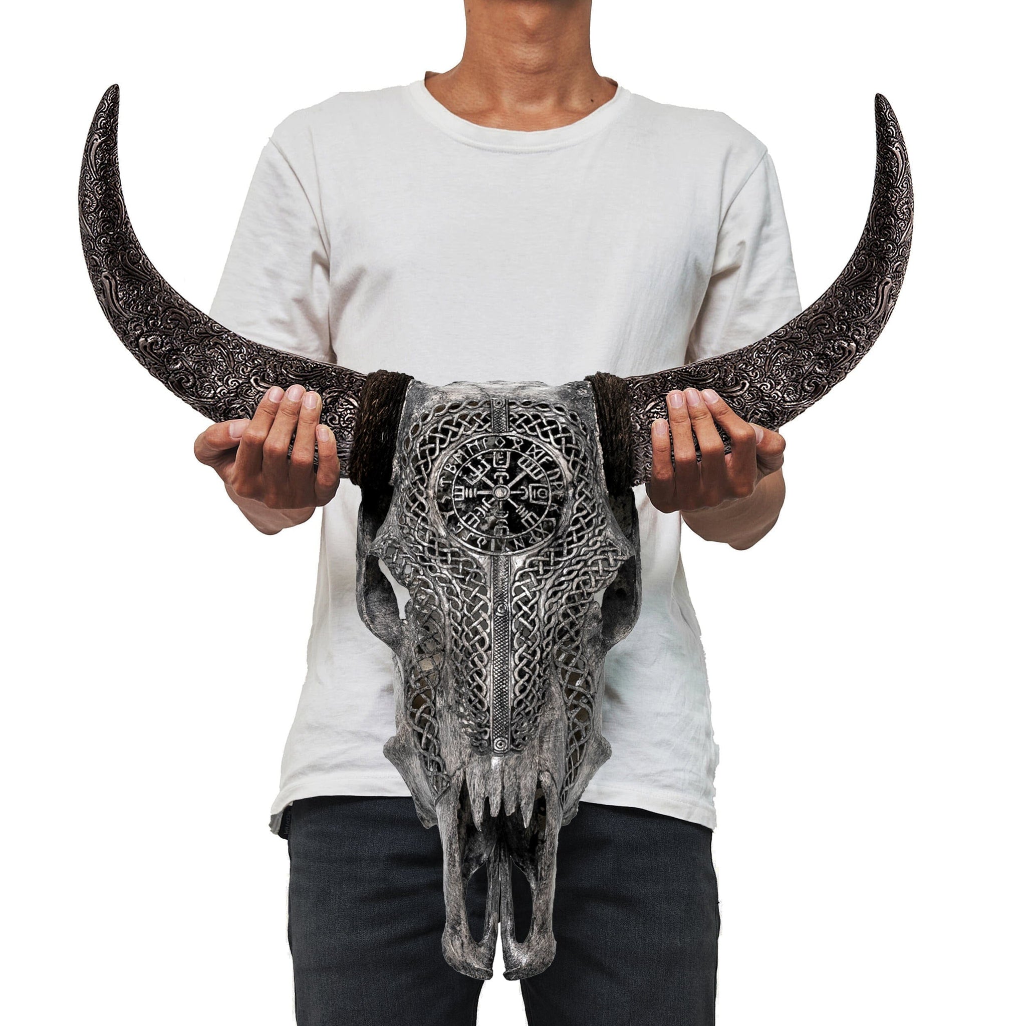 Hand Carved Cow Skull - Gray Vegvísir