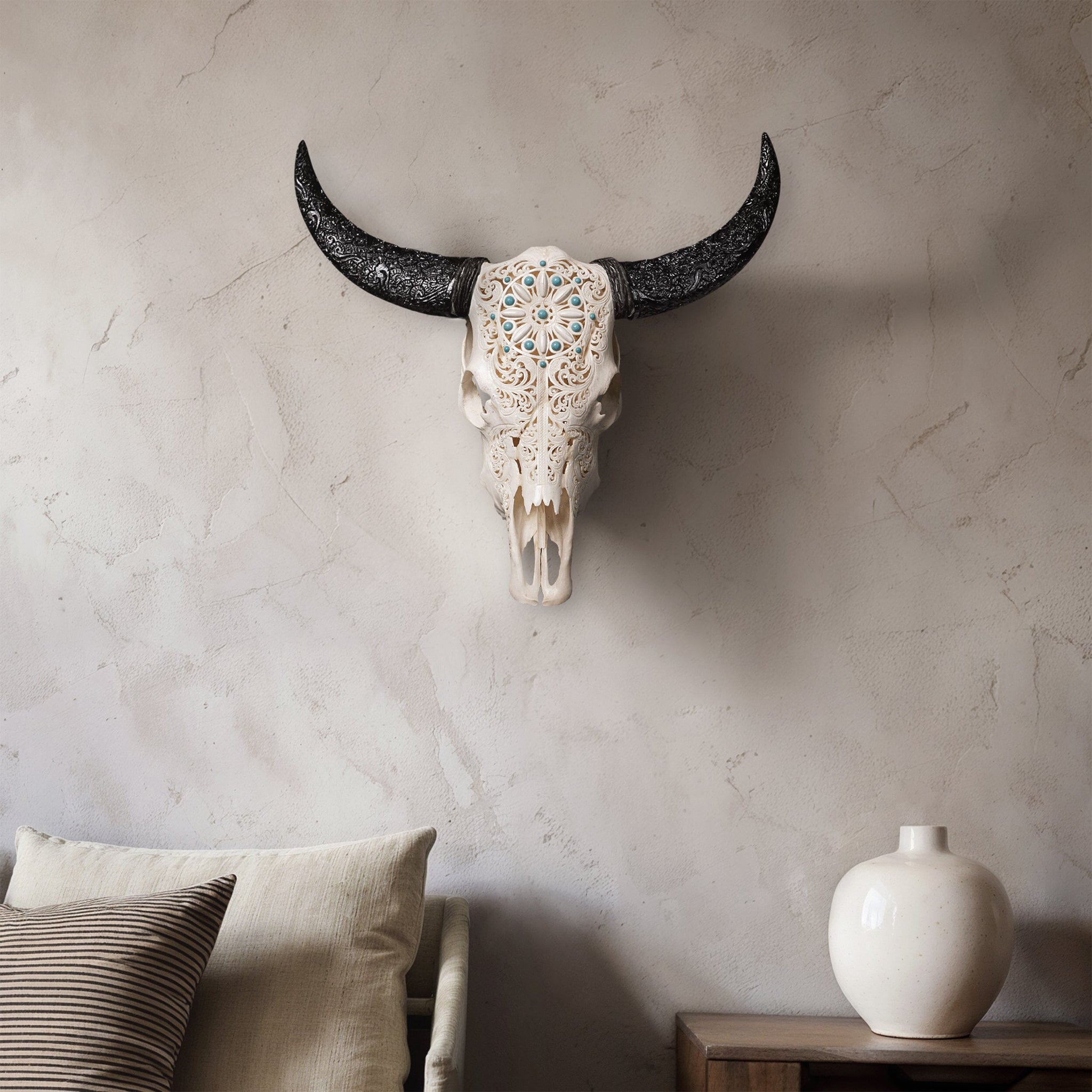 Hand Carved Cow Skull - Turquoise Dreaming
