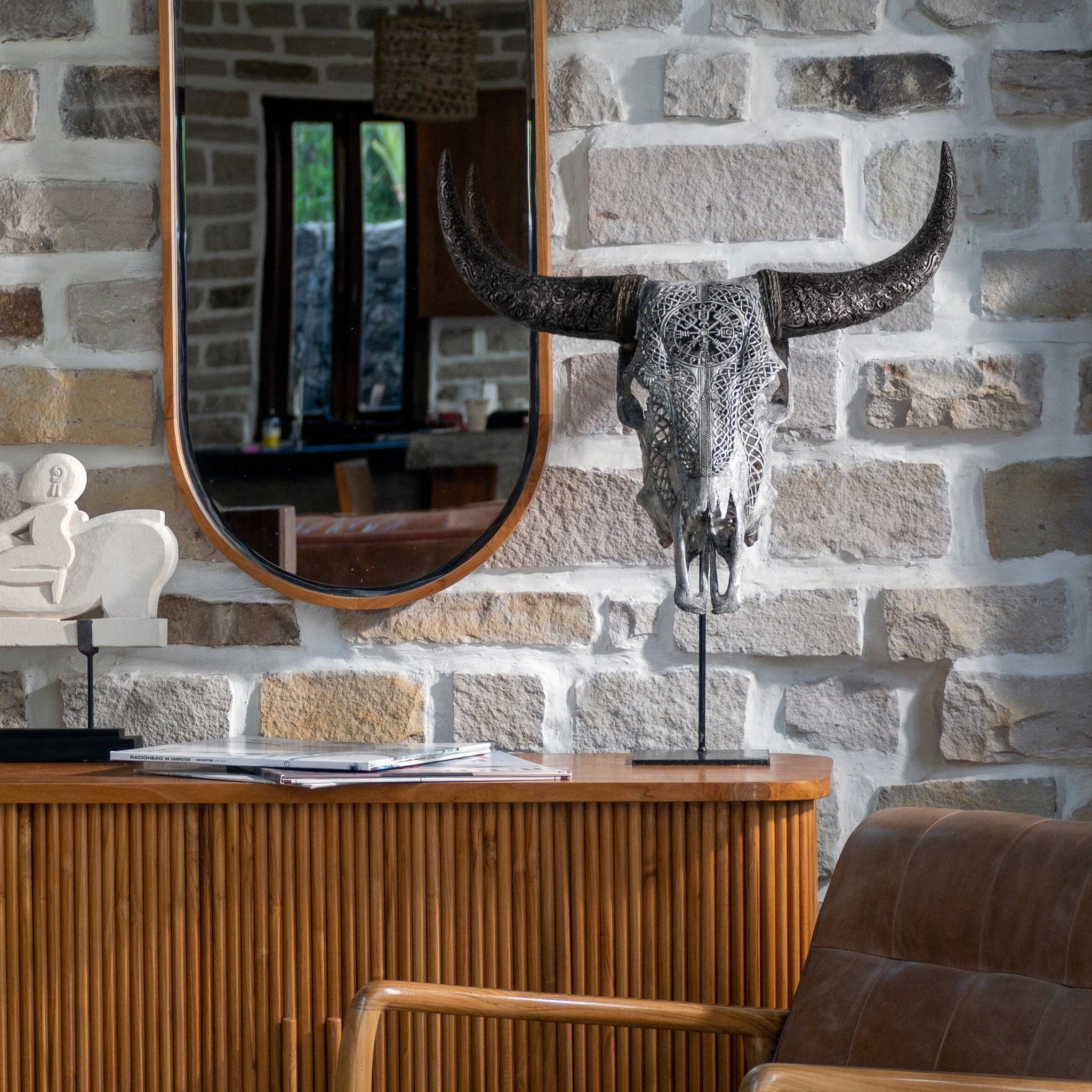 Hand Carved Cow Skull - Gray Vegvísir