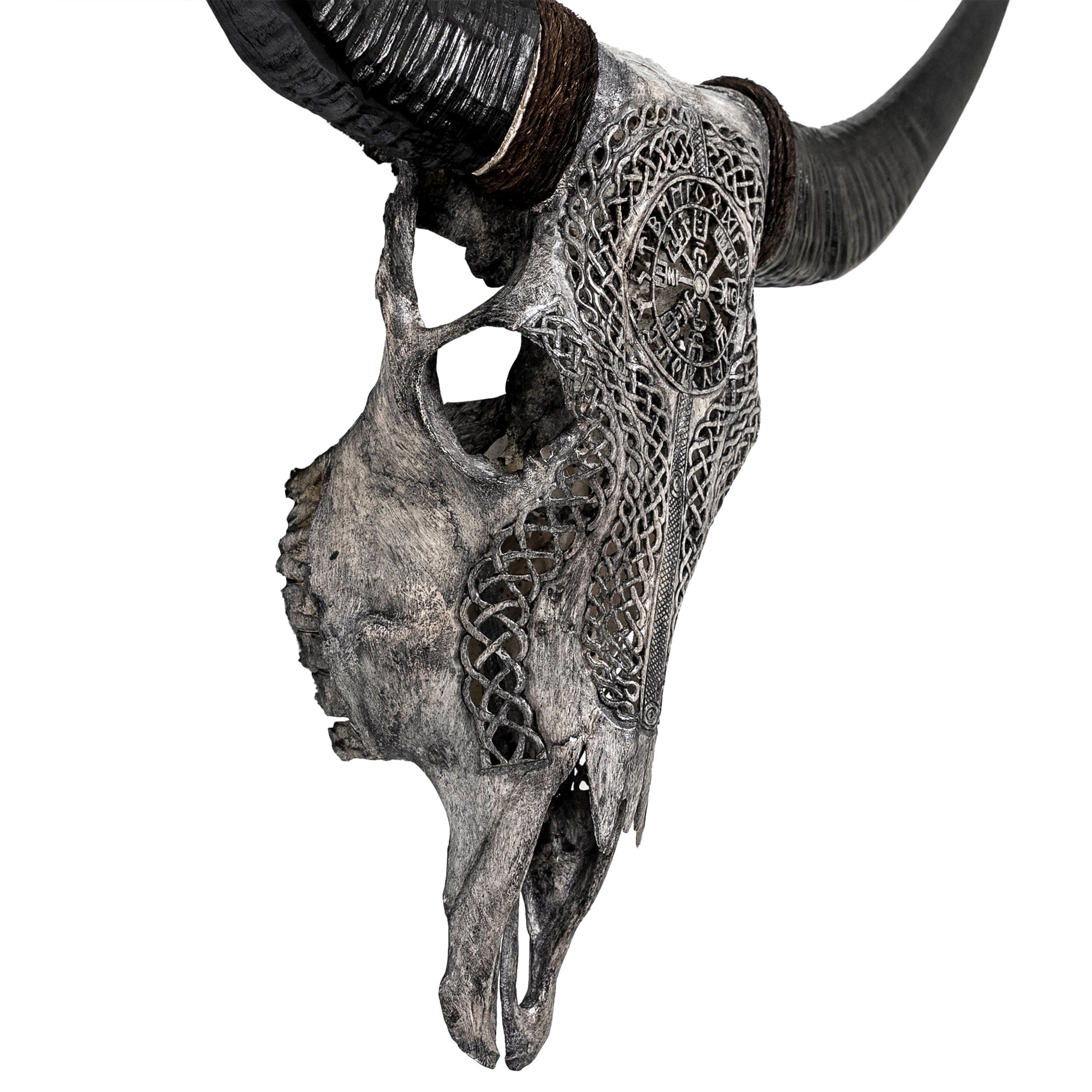 Hand Carved Cow Skull - Gray Vegvísir