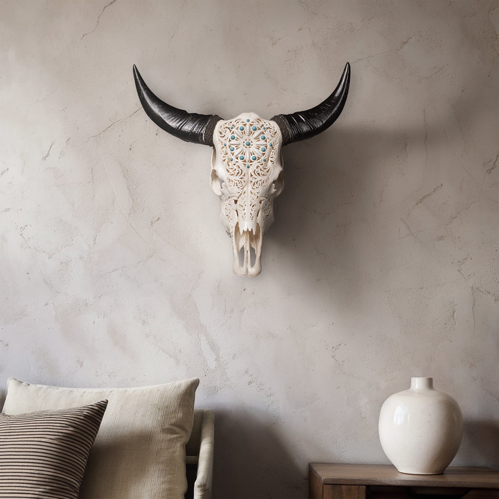 Hand Carved Cow Skull - Turquoise Dreaming
