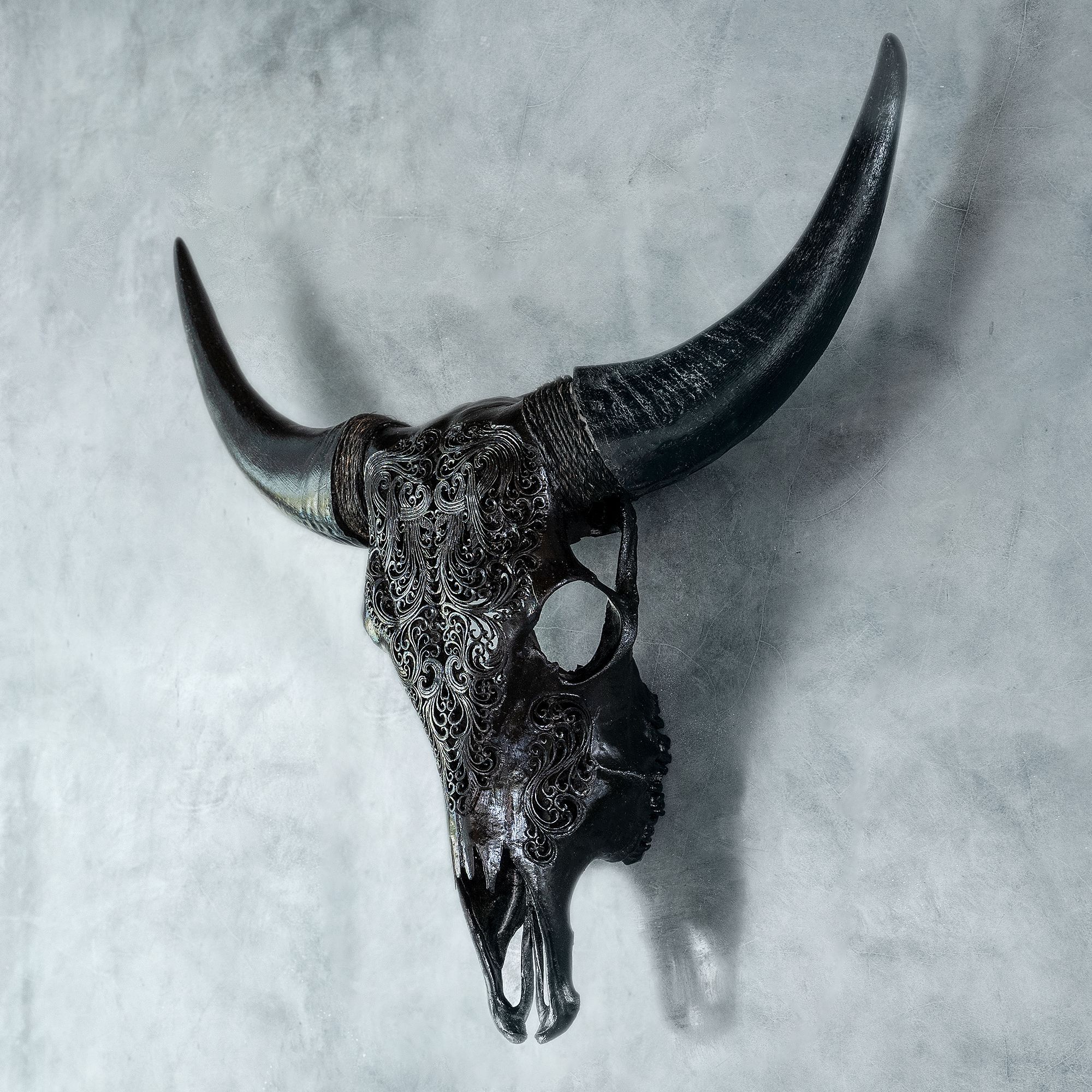 Hand Carved Cow Skull - Black Titan