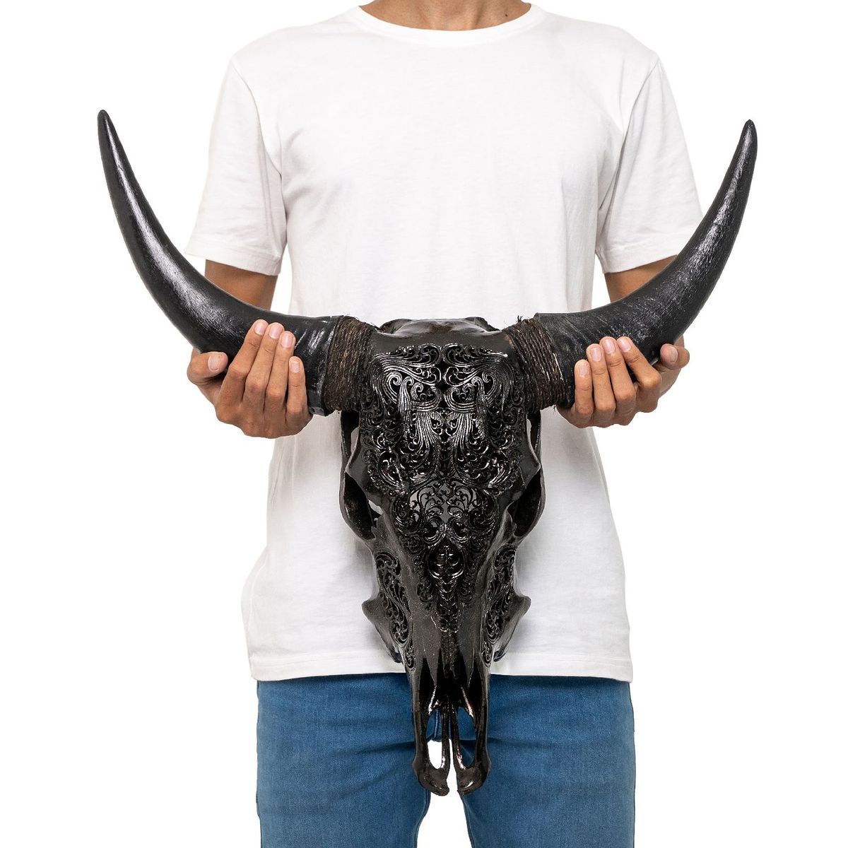 Hand Carved Cow Skull - Black Titan