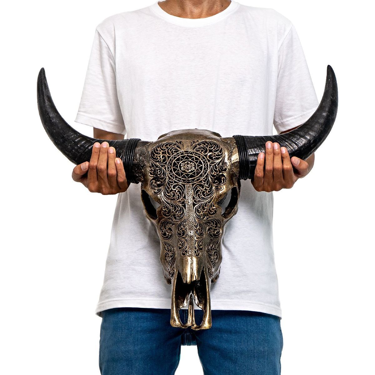 Hand Carved Cow Skull - Antique Bronze Sun // Metallic Finish