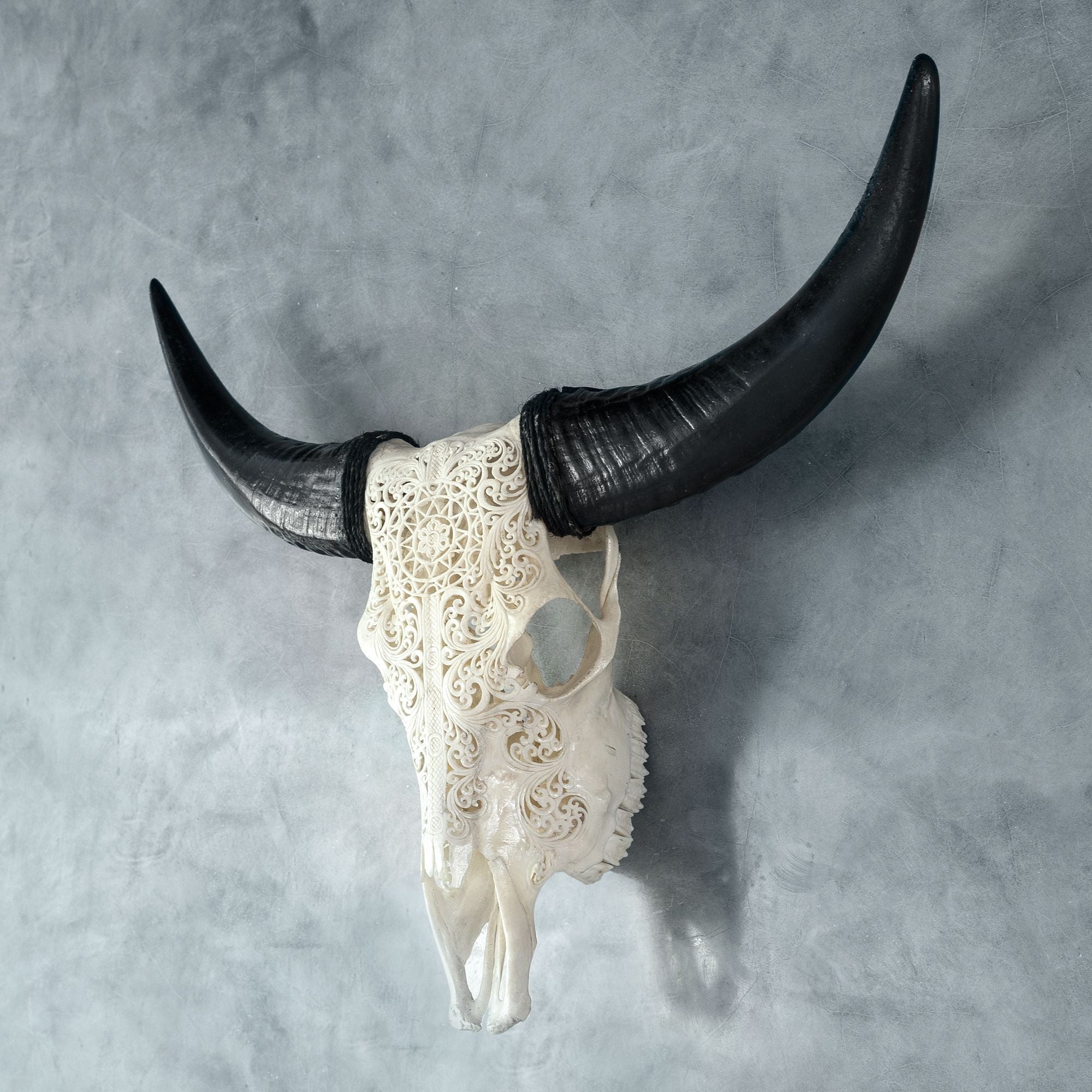 Hand Carved Cow Skull - White Sun