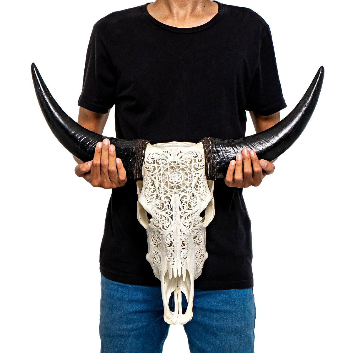 Hand Carved Cow Skull - White Sun