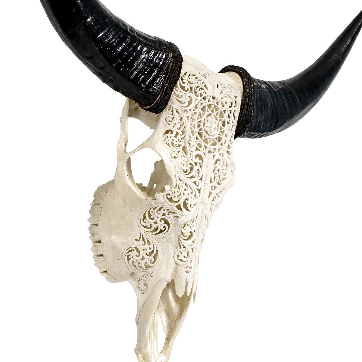 Hand Carved Cow Skull - White Sun