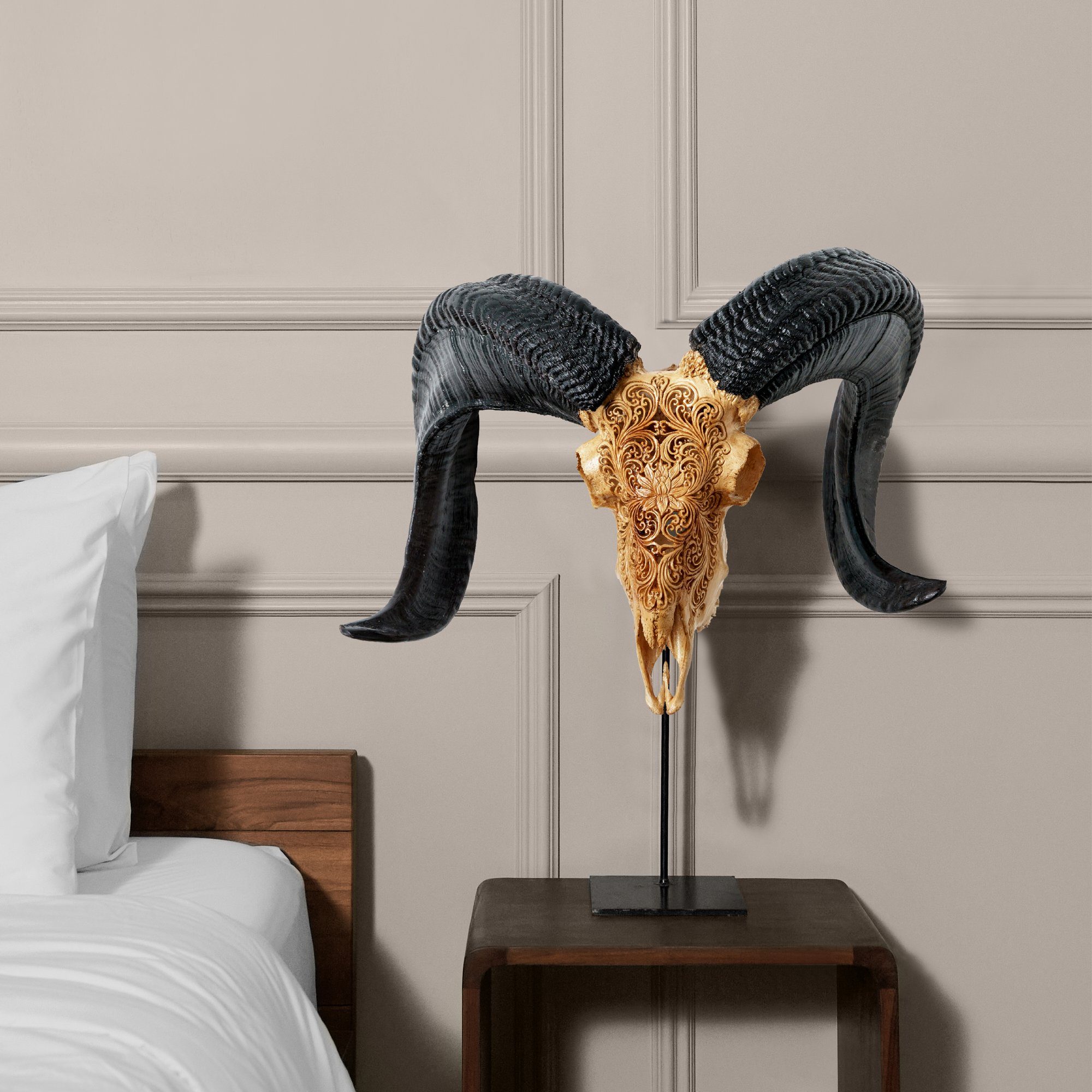 Hand Carved Ram Skull - Antique Lotus