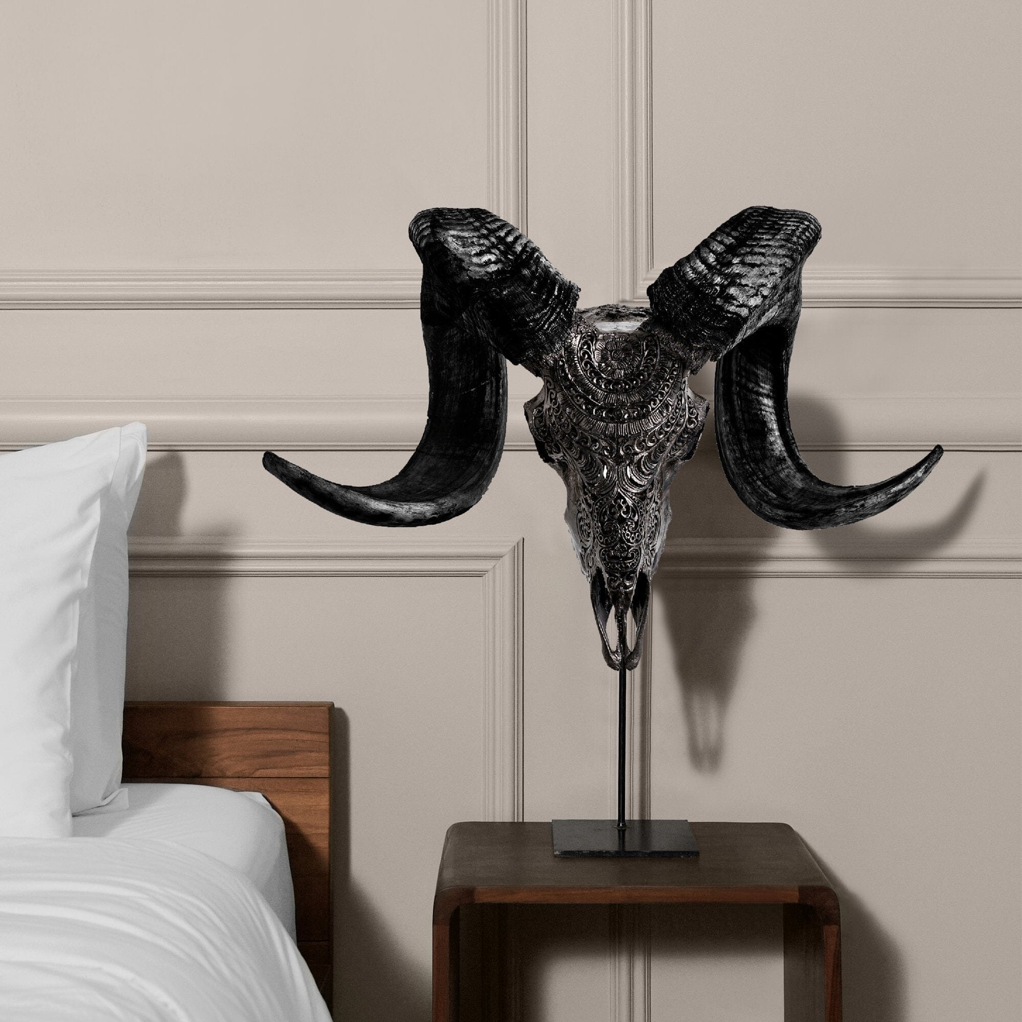 Hand Carved Ram Skull - Black Boho