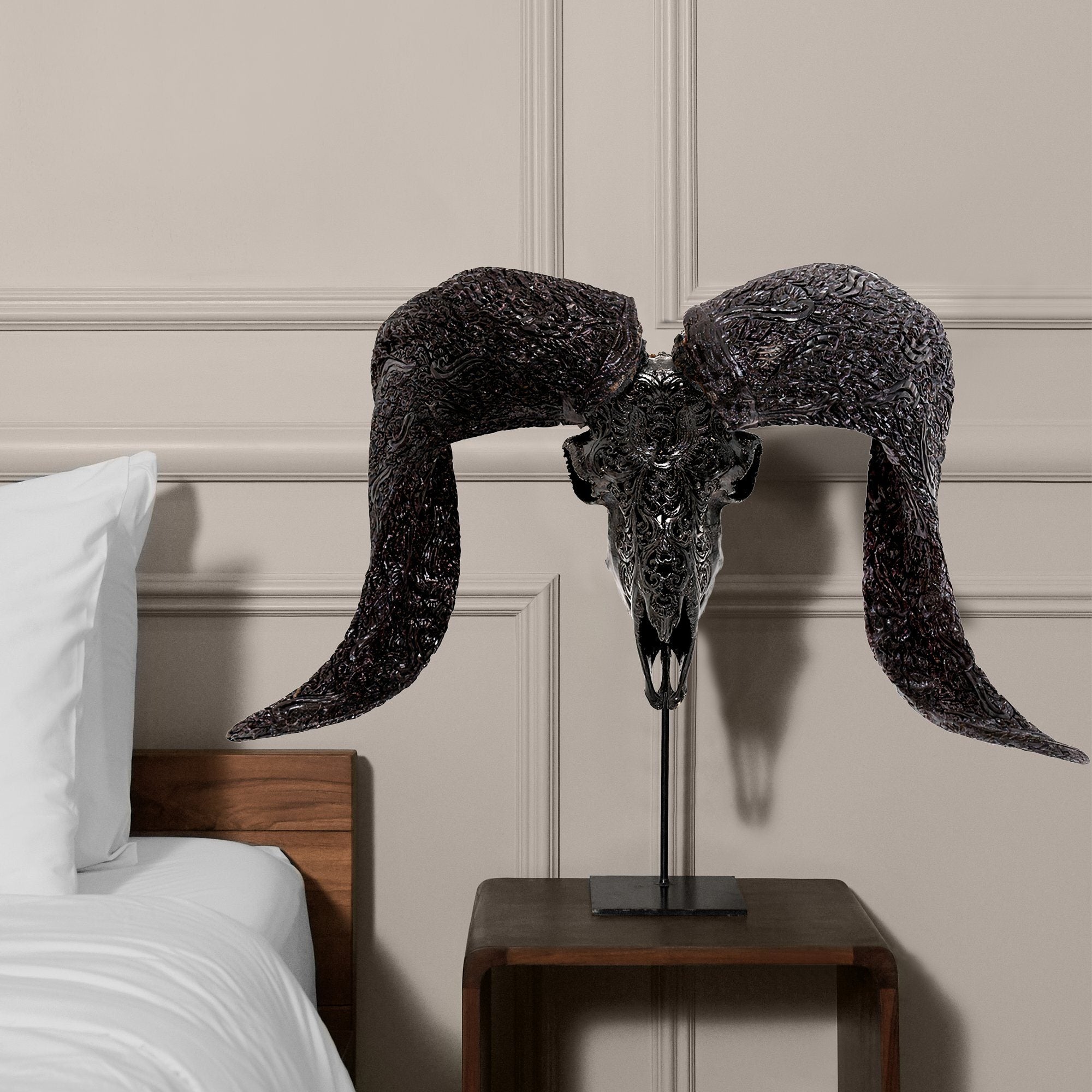 Hand Carved Ram Skull - Black Phoenix