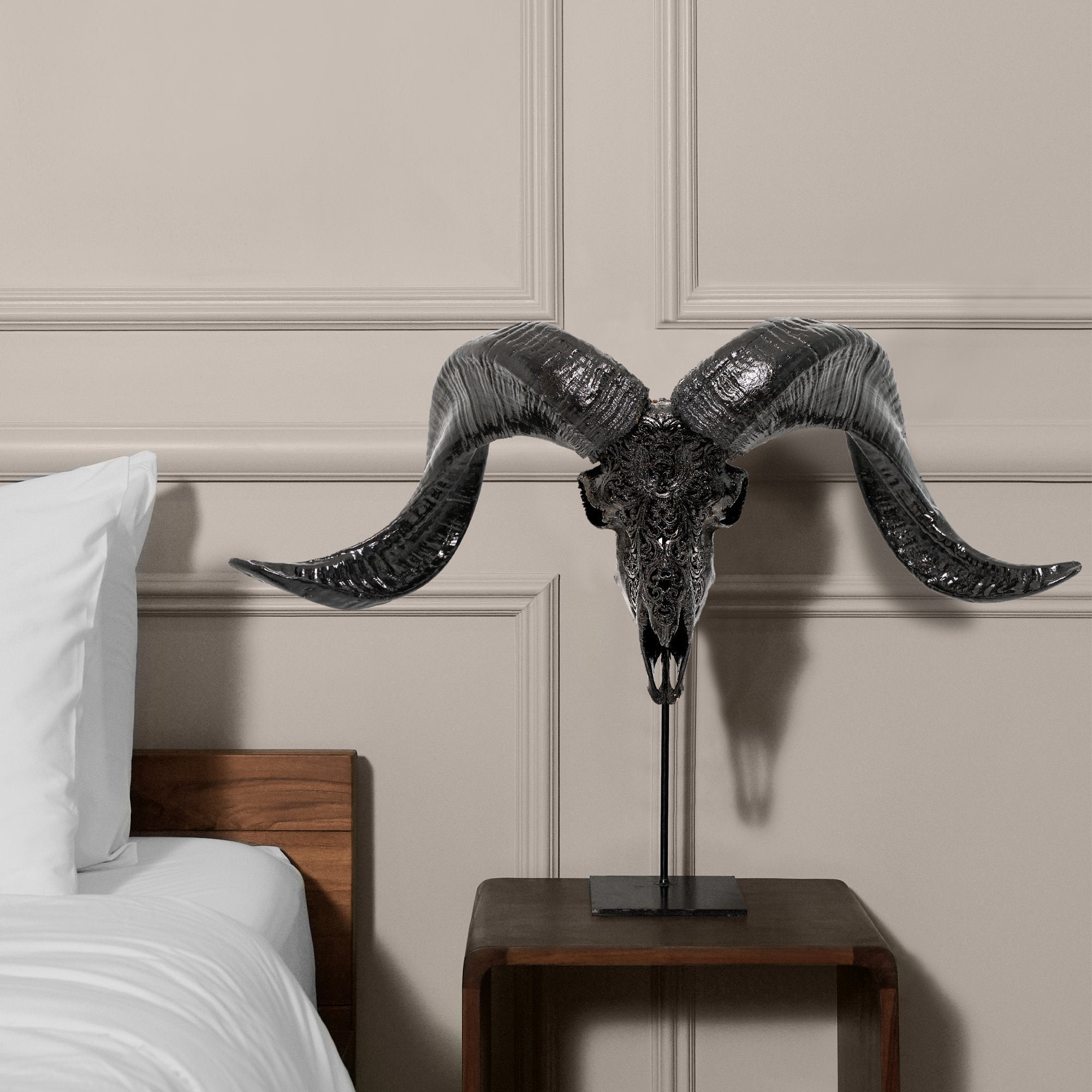 Hand Carved Ram Skull - Black Phoenix