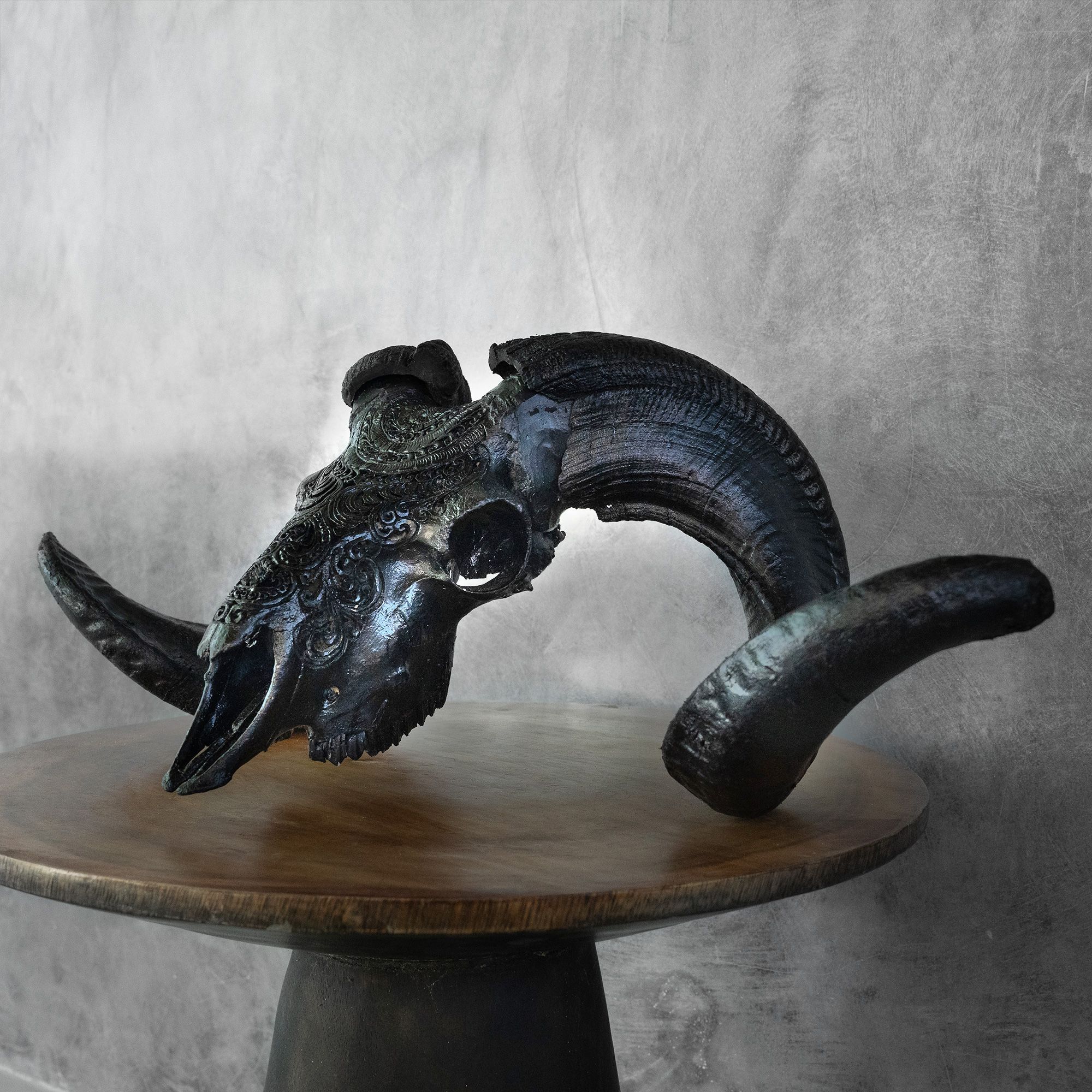 Hand Carved Ram Skull - Black Boho