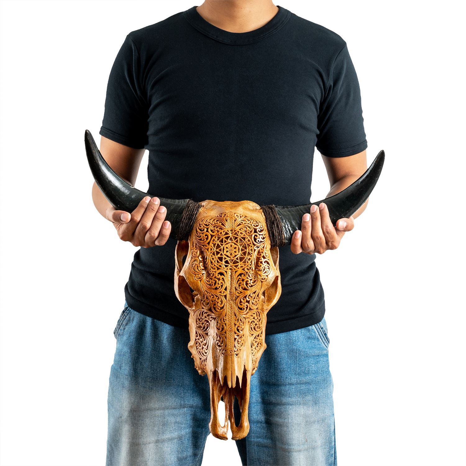 Hand Carved Cow Skull - Antique Sun