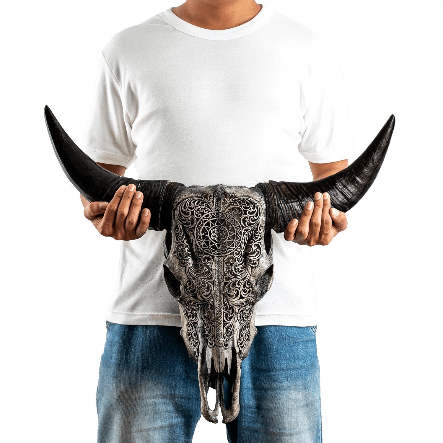 Hand Carved Cow Skull - Gray Sun