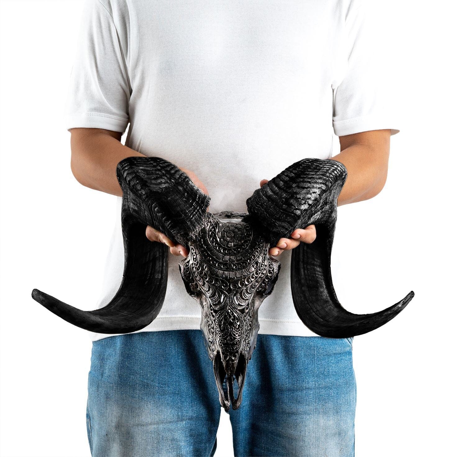 Hand Carved Ram Skull - Black Boho