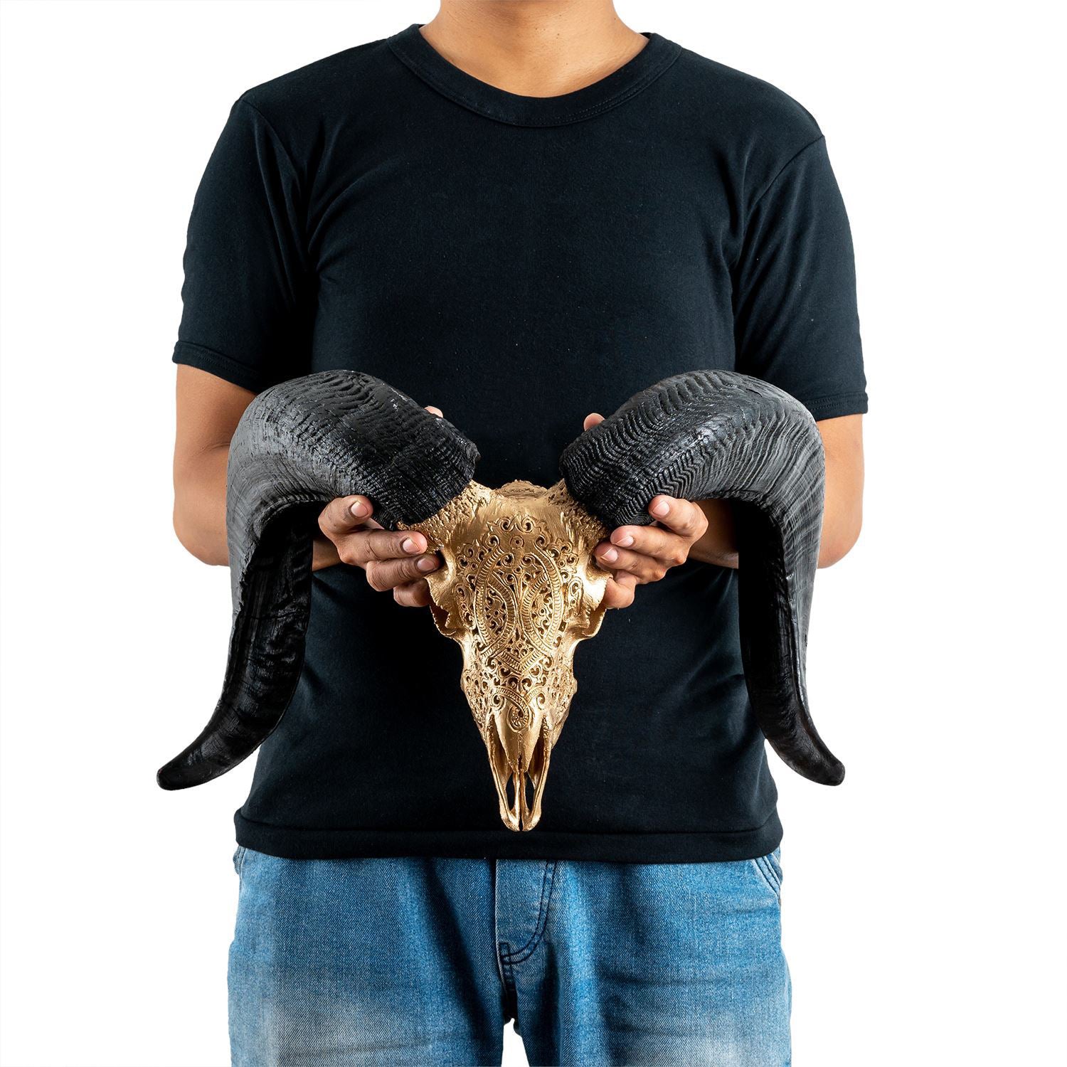 Hand Carved Ram Skull - Golden Phantom