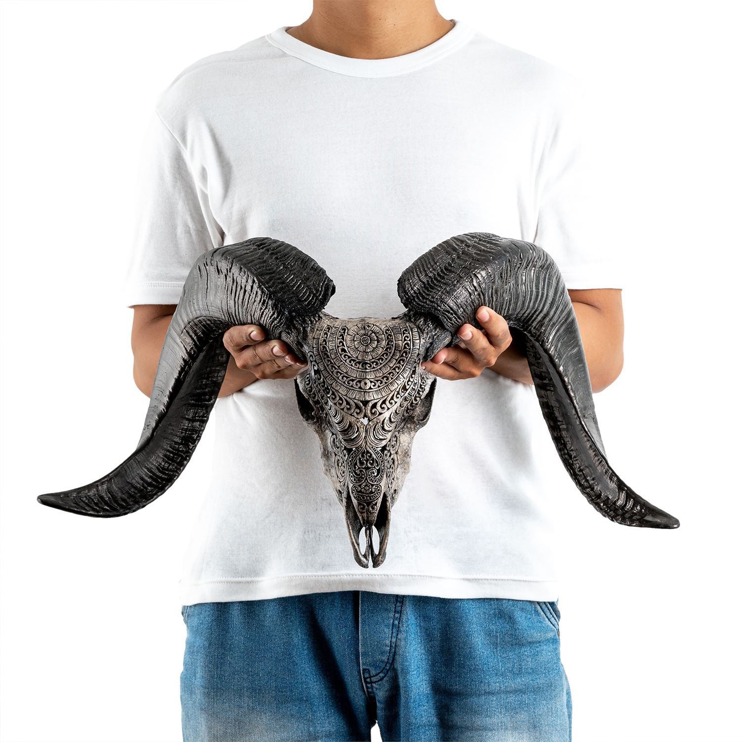 Hand Carved Ram Skull - Gray Boho