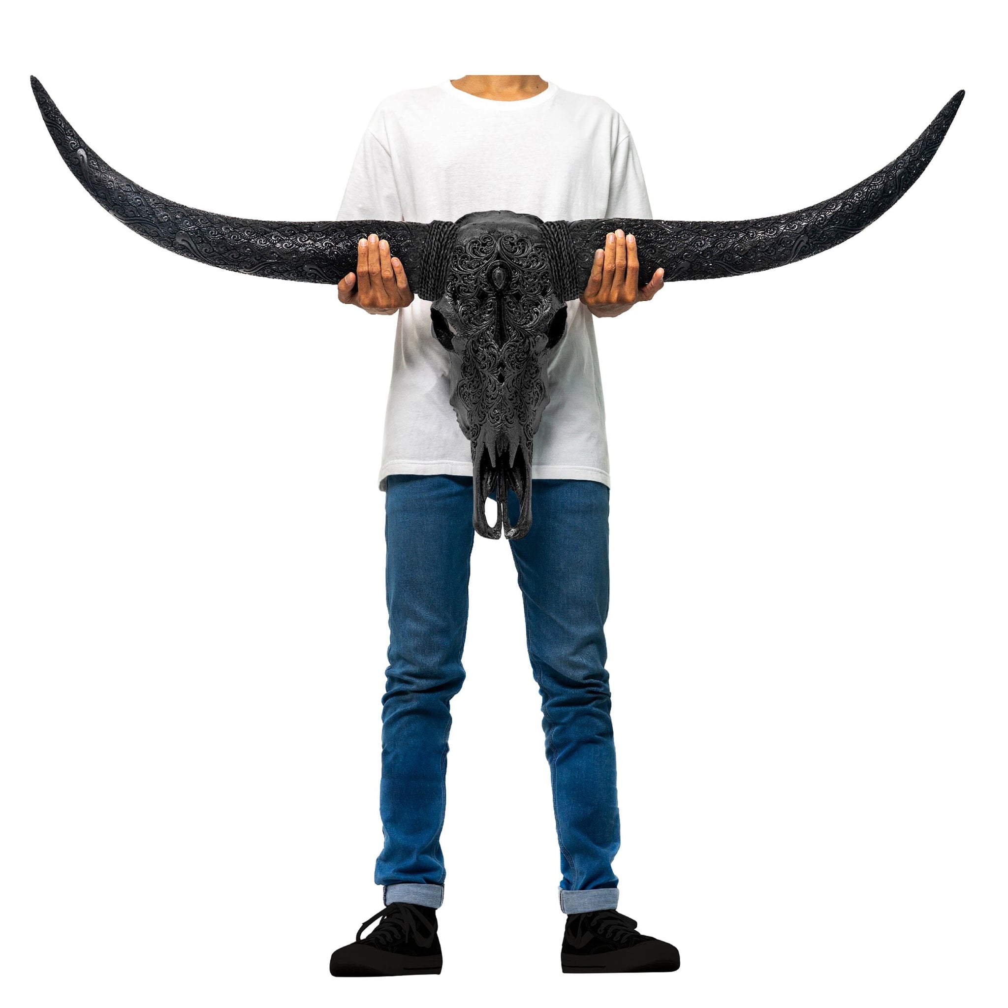 Hand Carved Longhorn Skull - Mystic Cross // Matte Black Finish