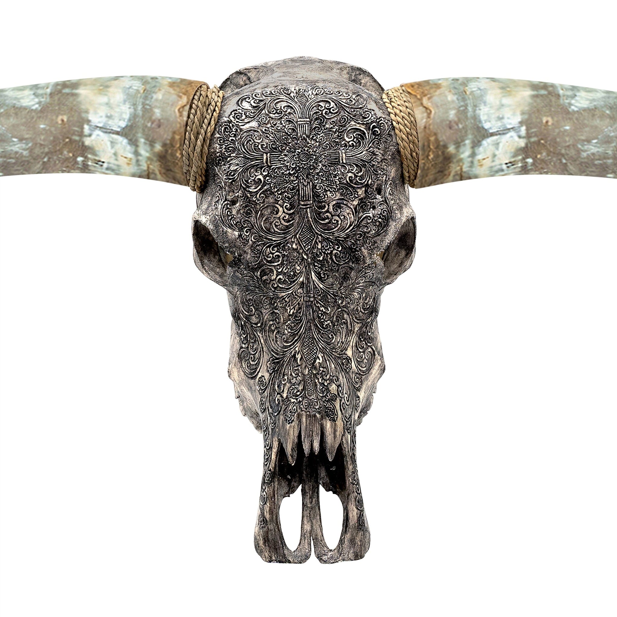 Hand Carved Longhorn Skull - Gray Fine Line