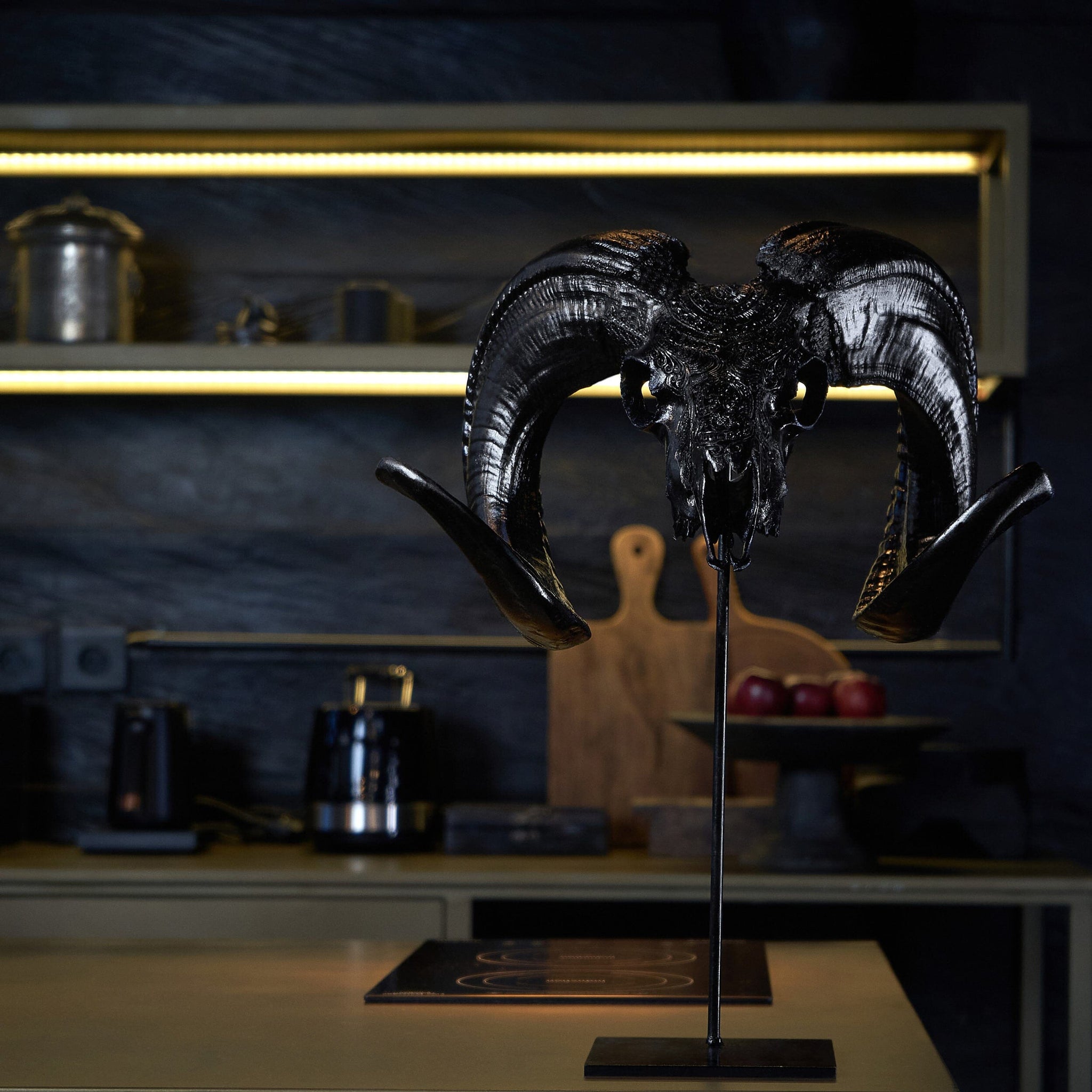Hand Carved Ram Skull - Black Boho