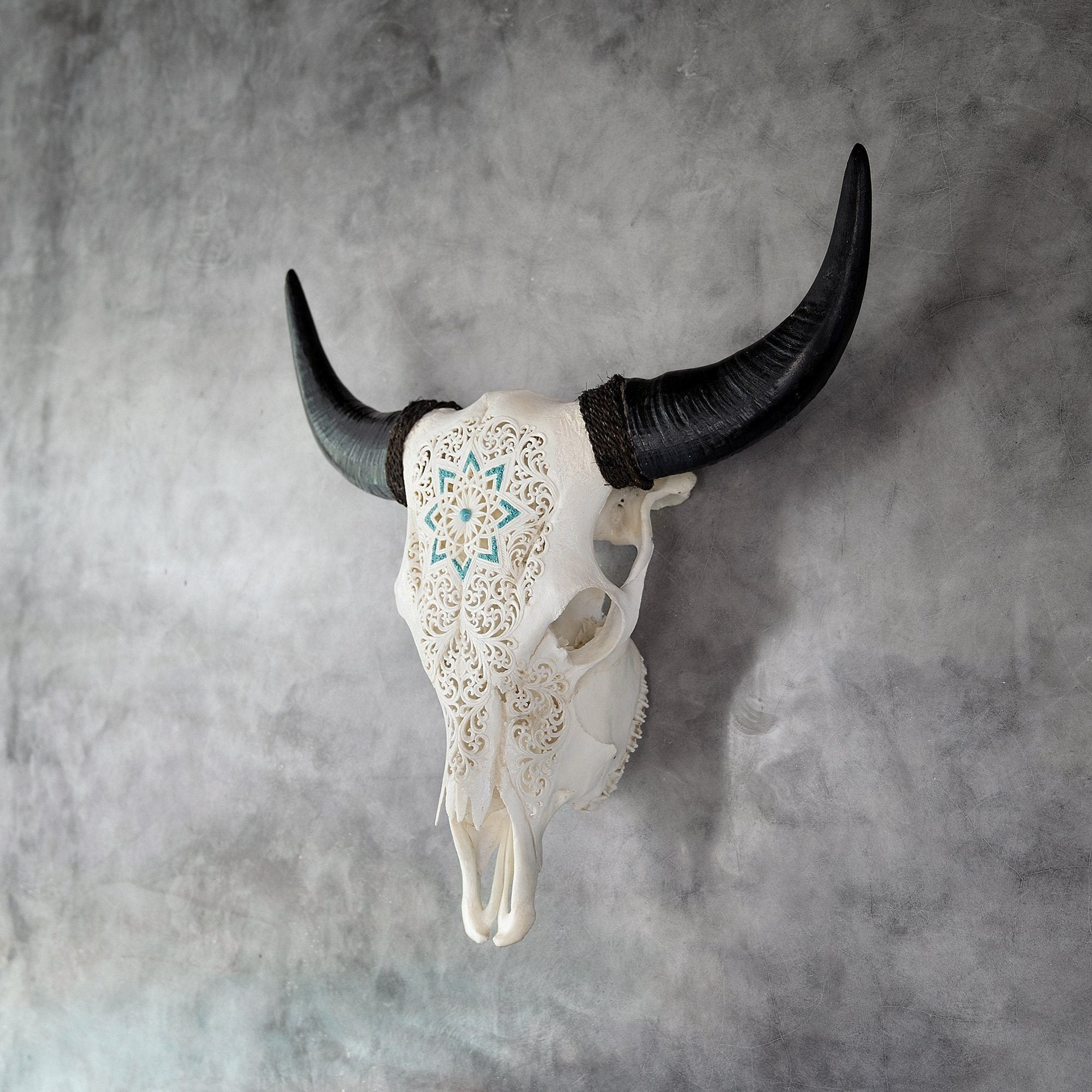 Hand Carved Cow Skull - White Glowing Mandala
