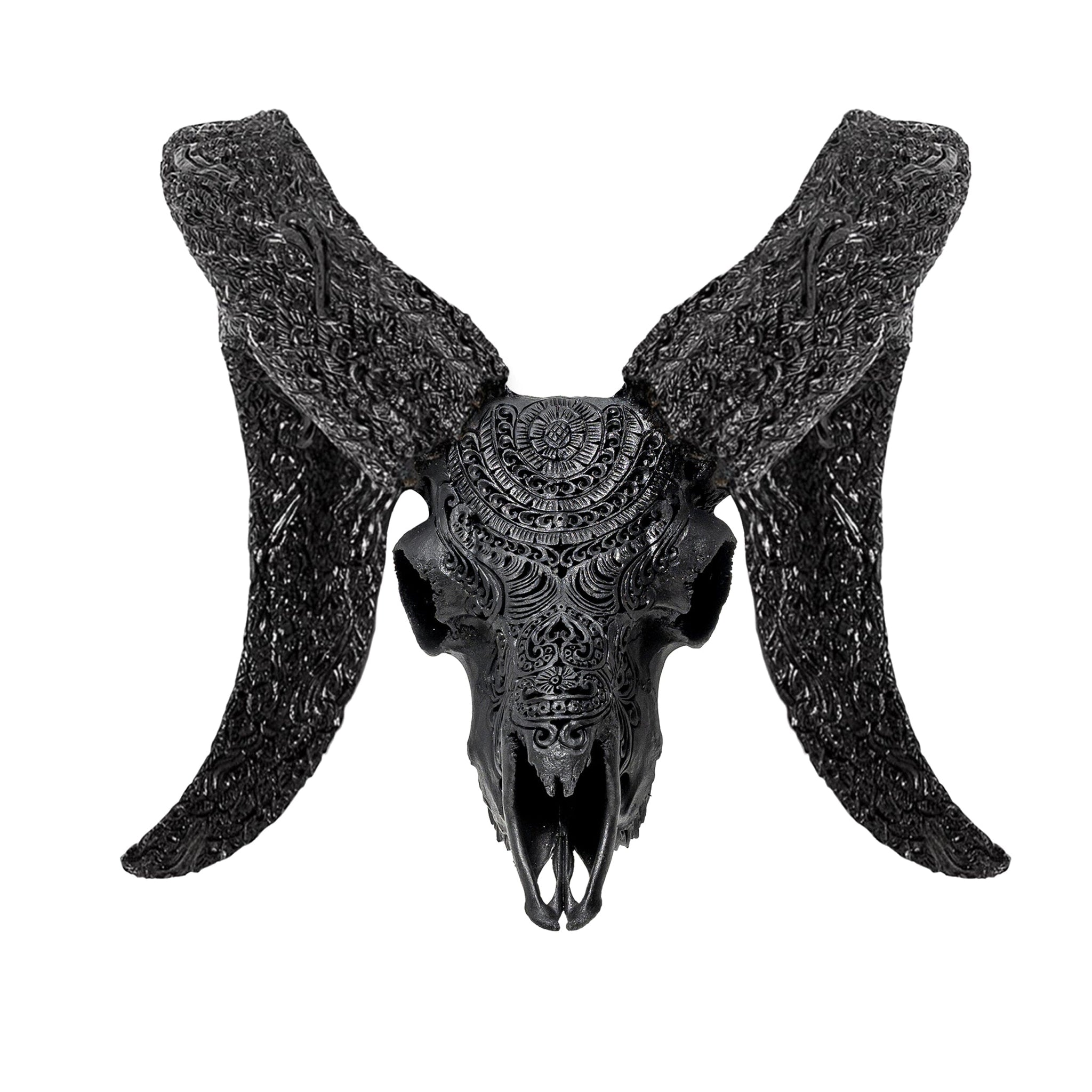 Hand Carved Ram Skull - Matte Black Boho