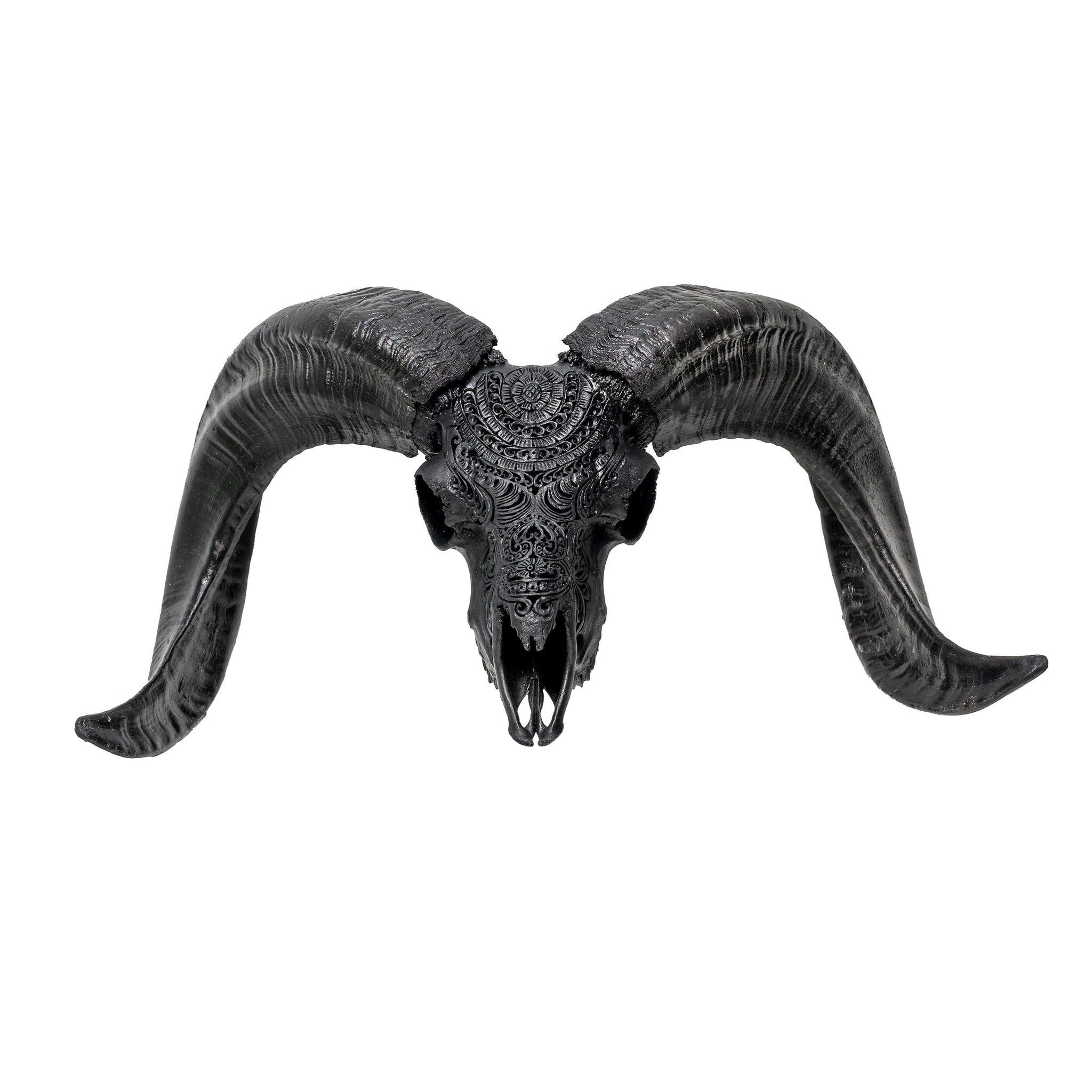 Hand Carved Ram Skull - Matte Black Boho