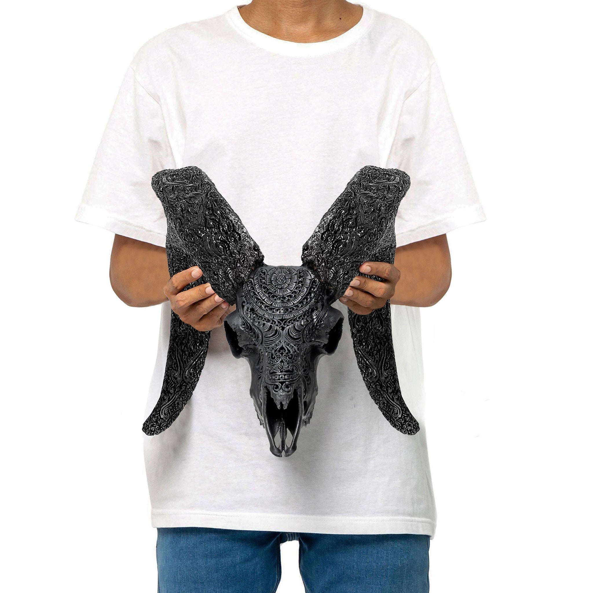 Hand Carved Ram Skull - Matte Black Boho
