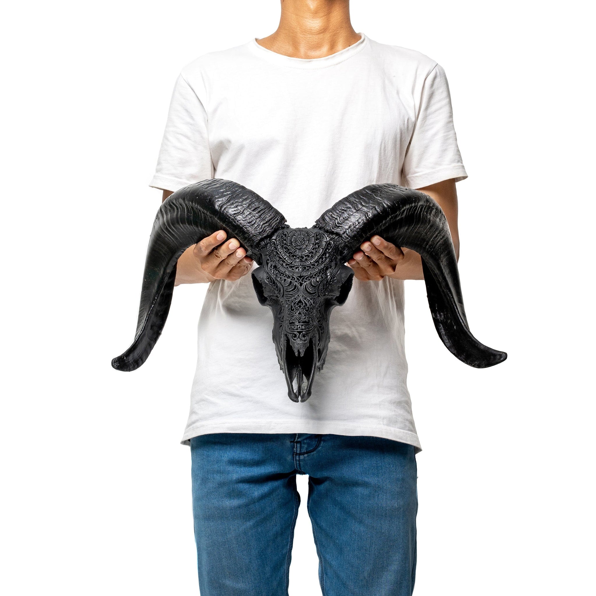 Hand Carved Ram Skull - Matte Black Boho