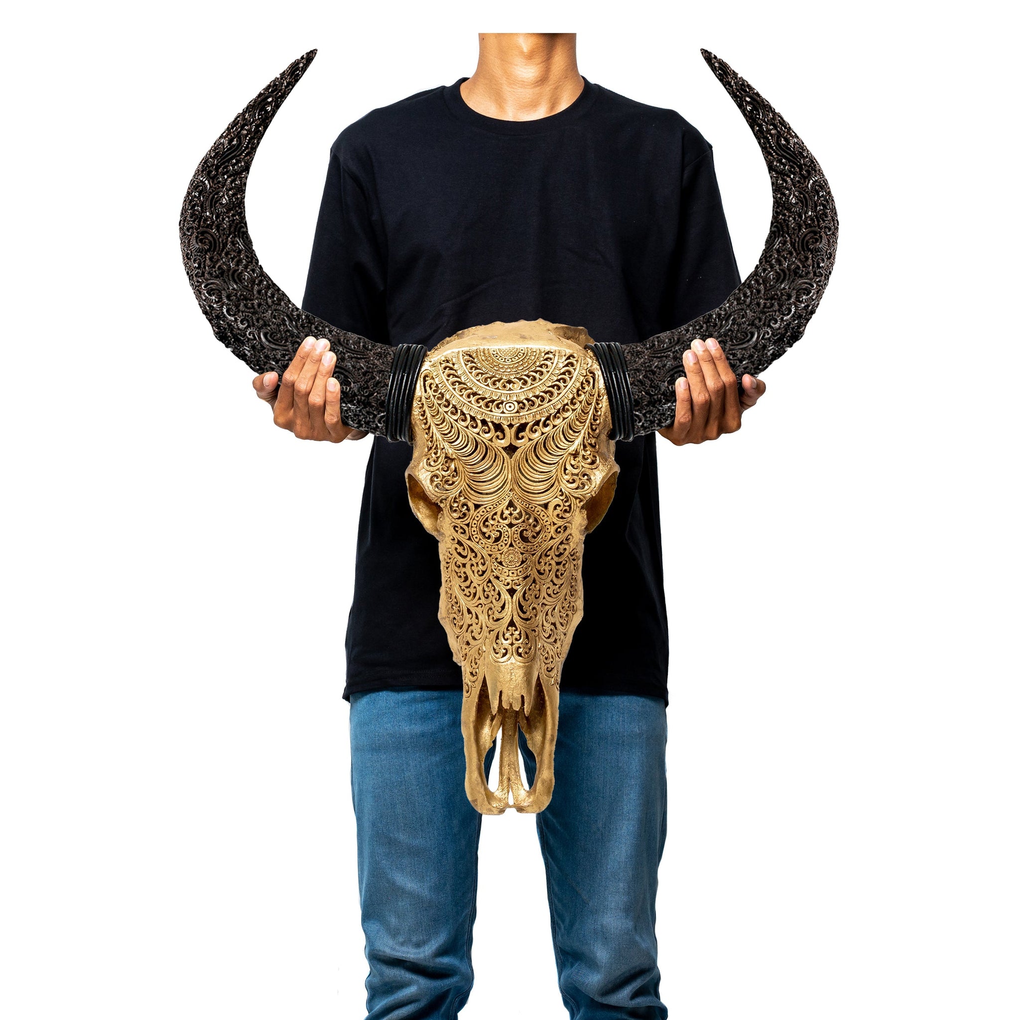 Hand Carved Buffalo Skull - Gold Leaf Boho