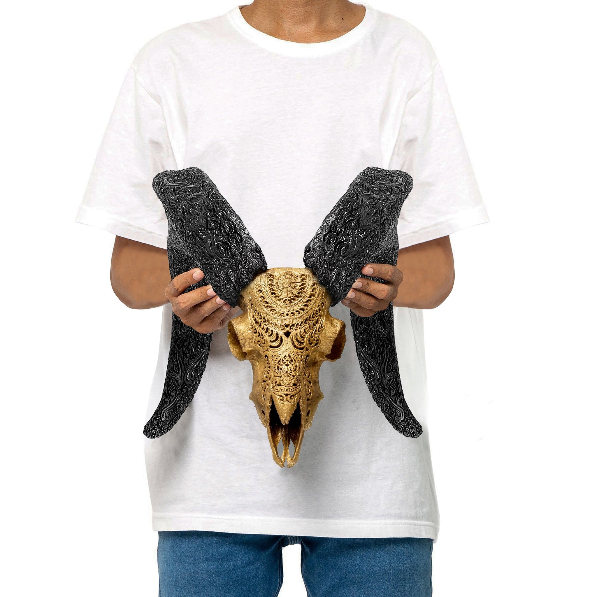 Hand Carved Ram Skull - Gold Leaf Boho