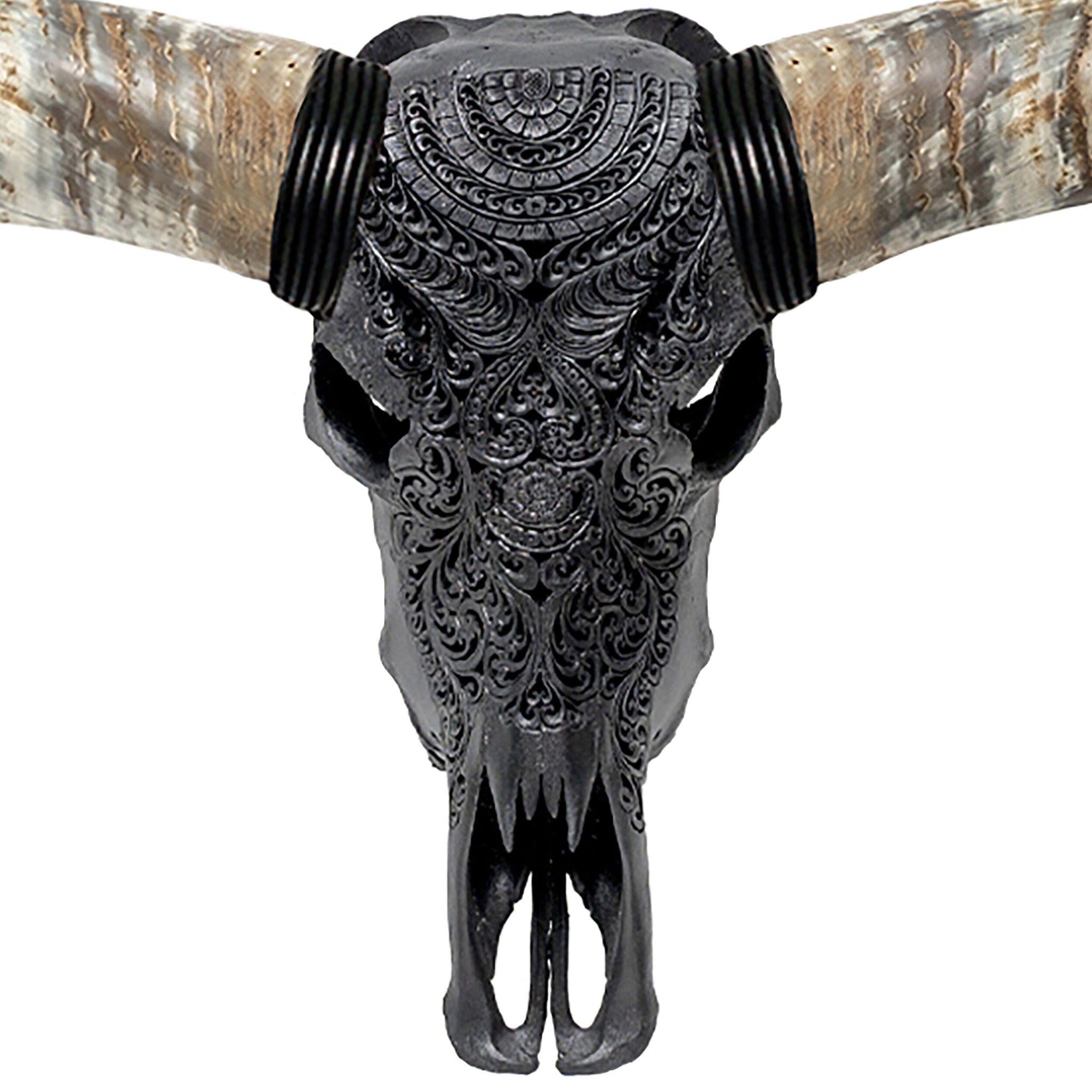Hand Carved Longhorn Skull // XL Horns - Matte Black Boho