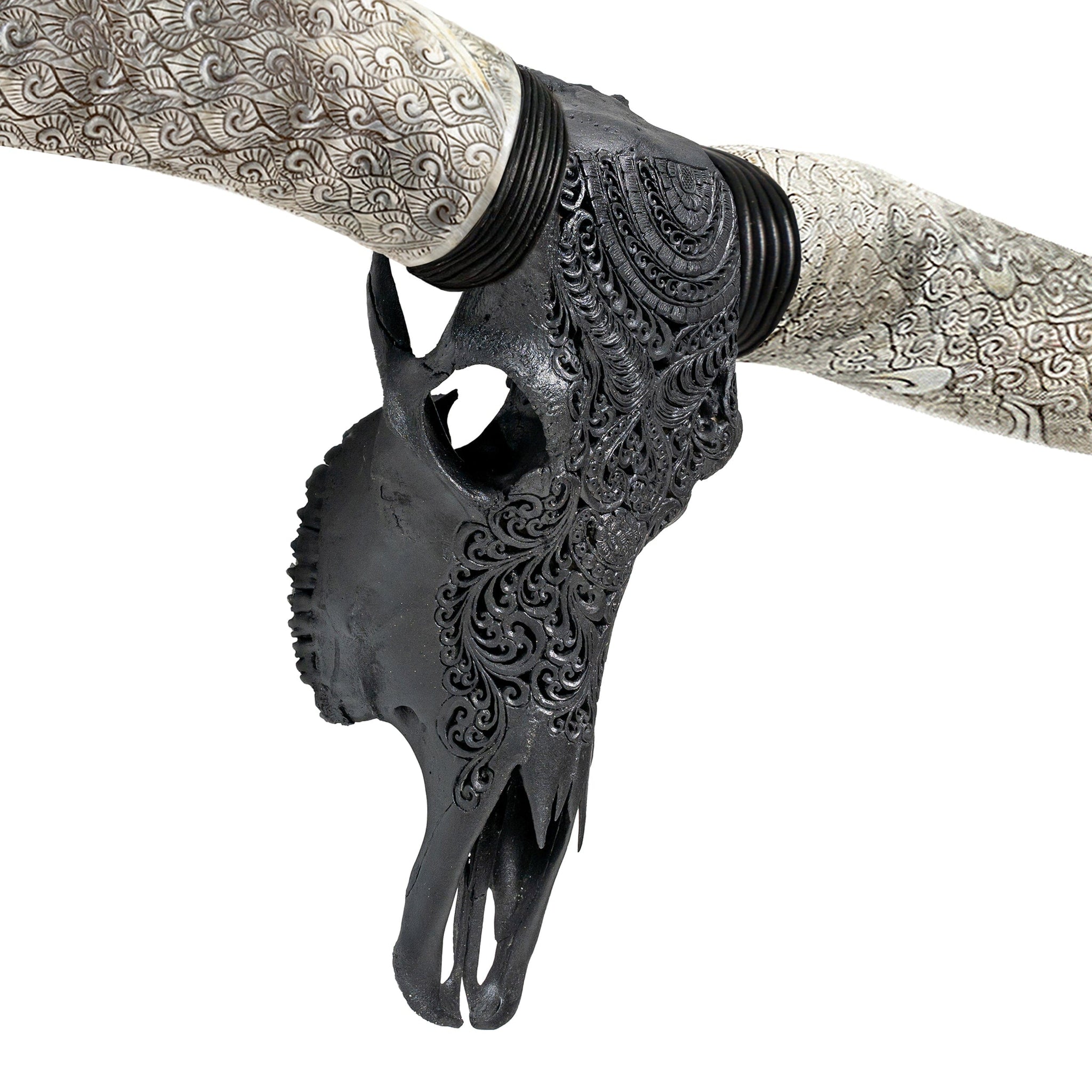 Hand Carved Longhorn Skull // XL Horns - Matte Black Boho