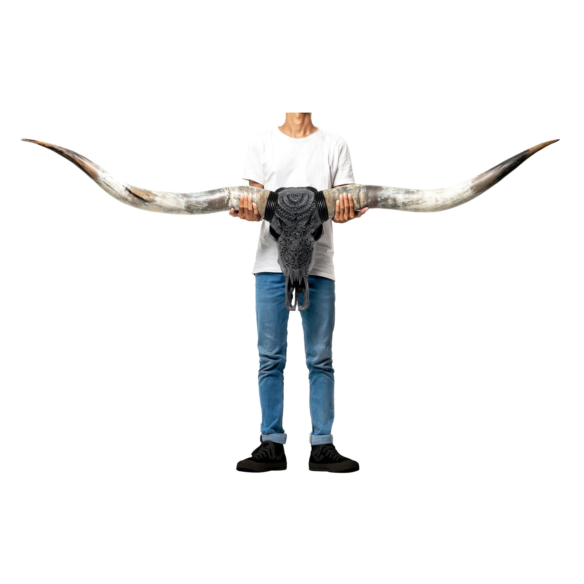 Hand Carved Longhorn Skull // XL Horns - Matte Black Boho