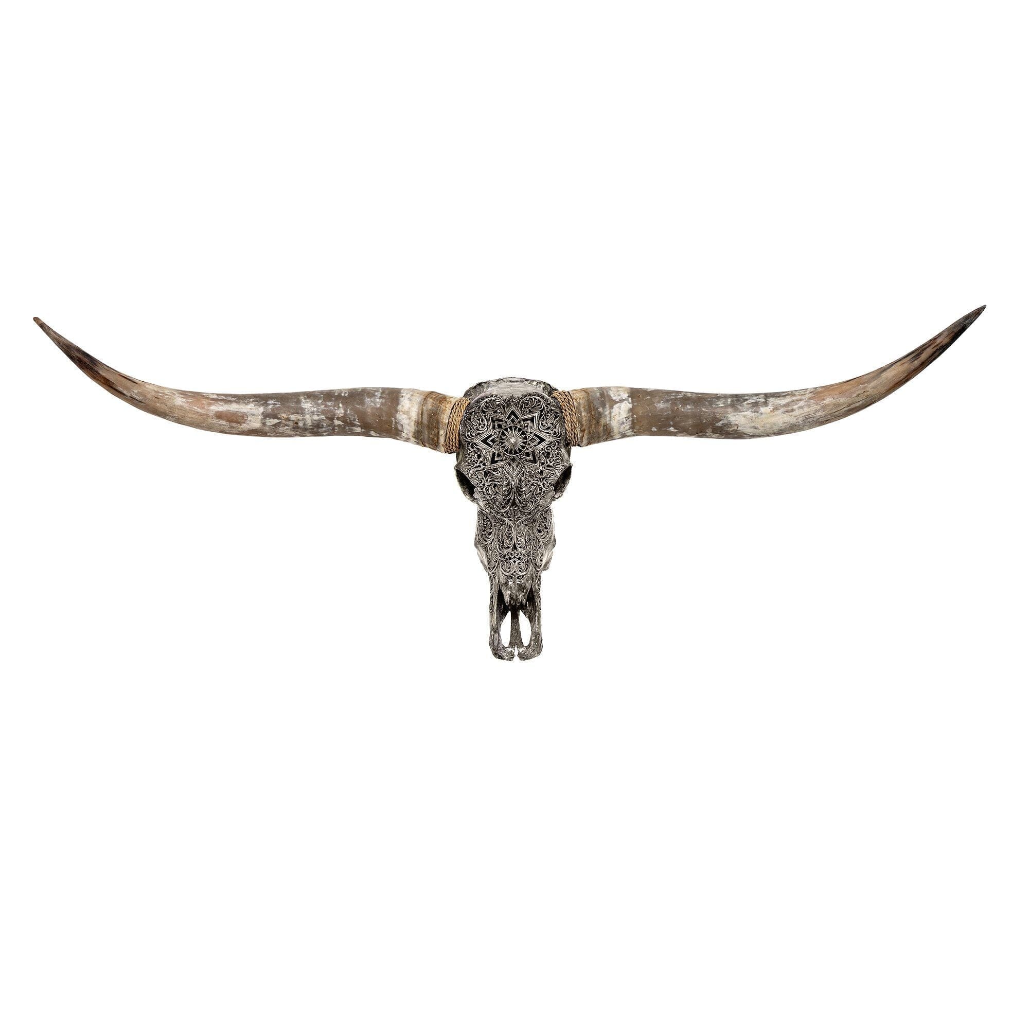Hand Carved Longhorn Skull - Gray Mandala
