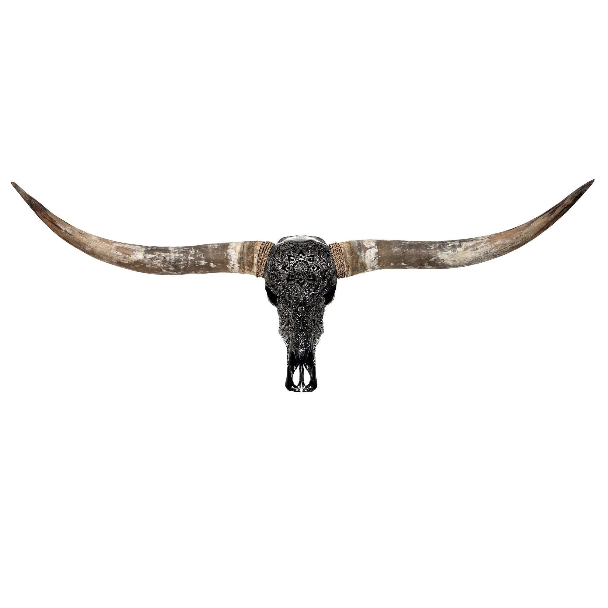 Hand Carved Longhorn Skull - Black Mandala