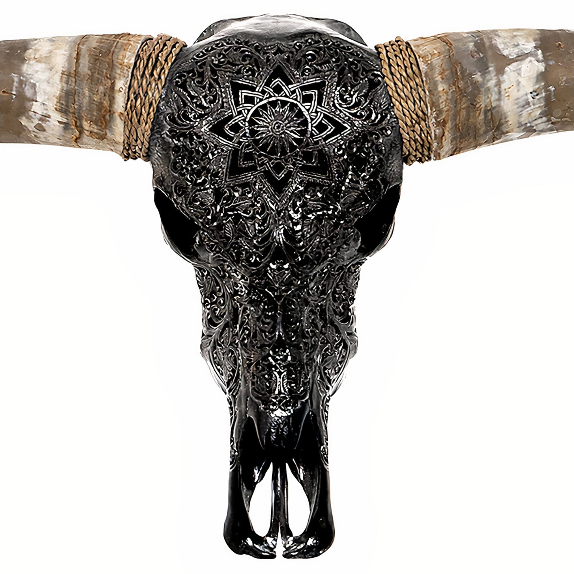 Hand Carved Longhorn Skull - Black Mandala