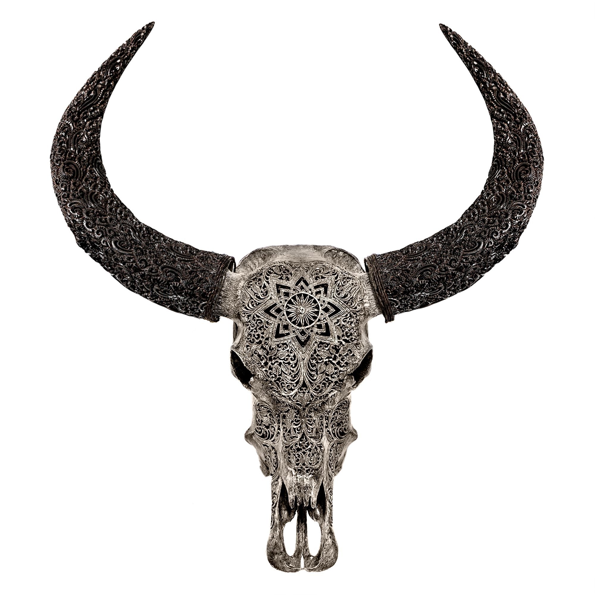 Hand Carved Buffalo Skull - Gray Mandala