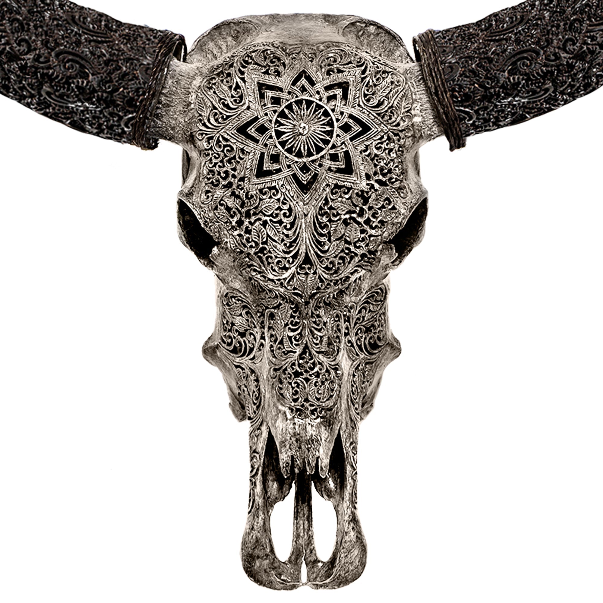 Hand Carved Buffalo Skull - Gray Mandala