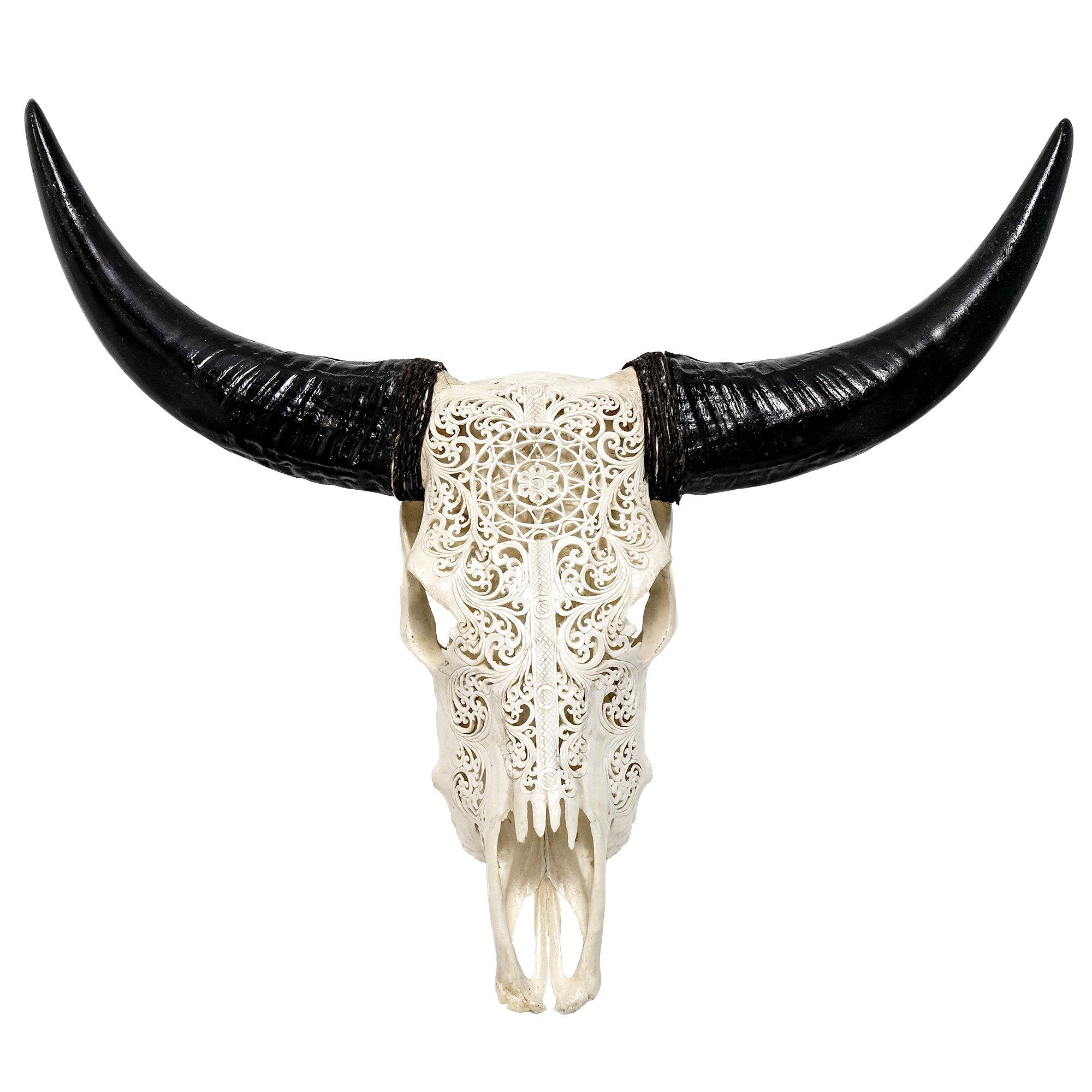 Hand Carved Cow Skull - White Sun