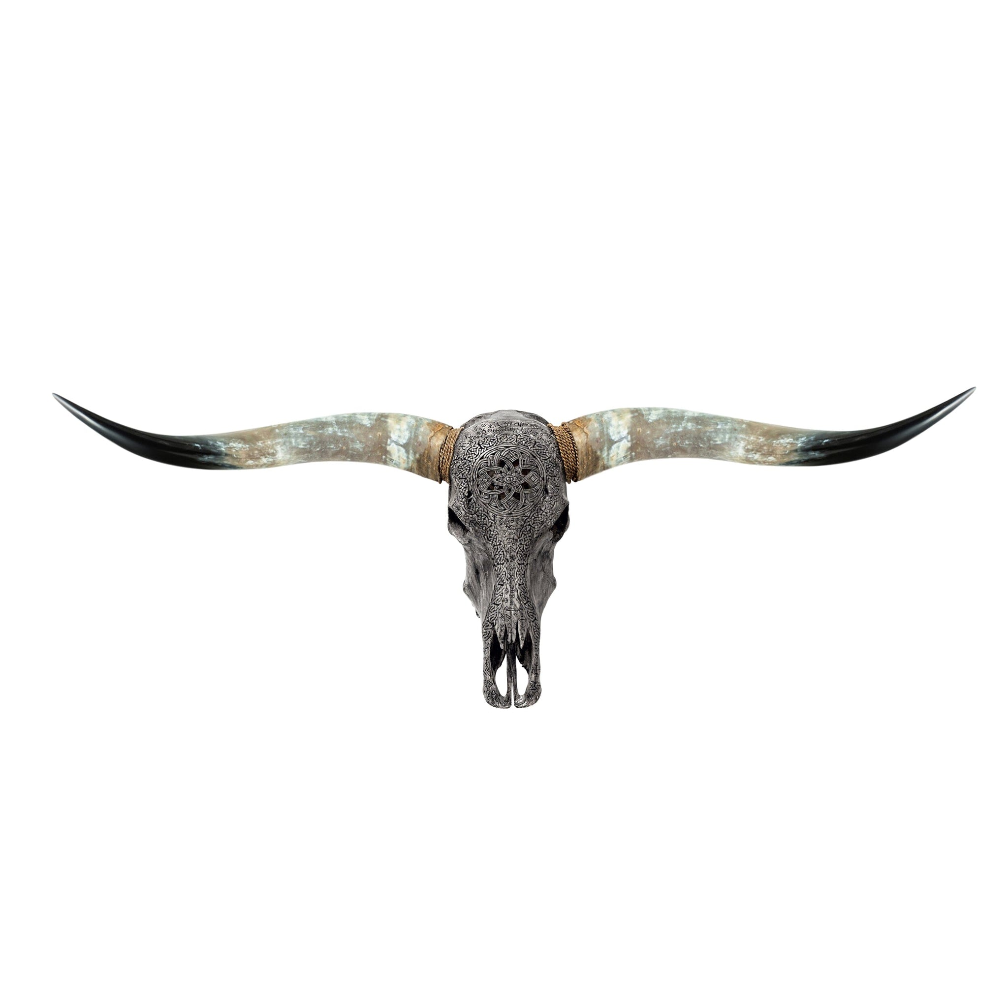 Hand Carved Longhorn Skull - Gray Norse Rune
