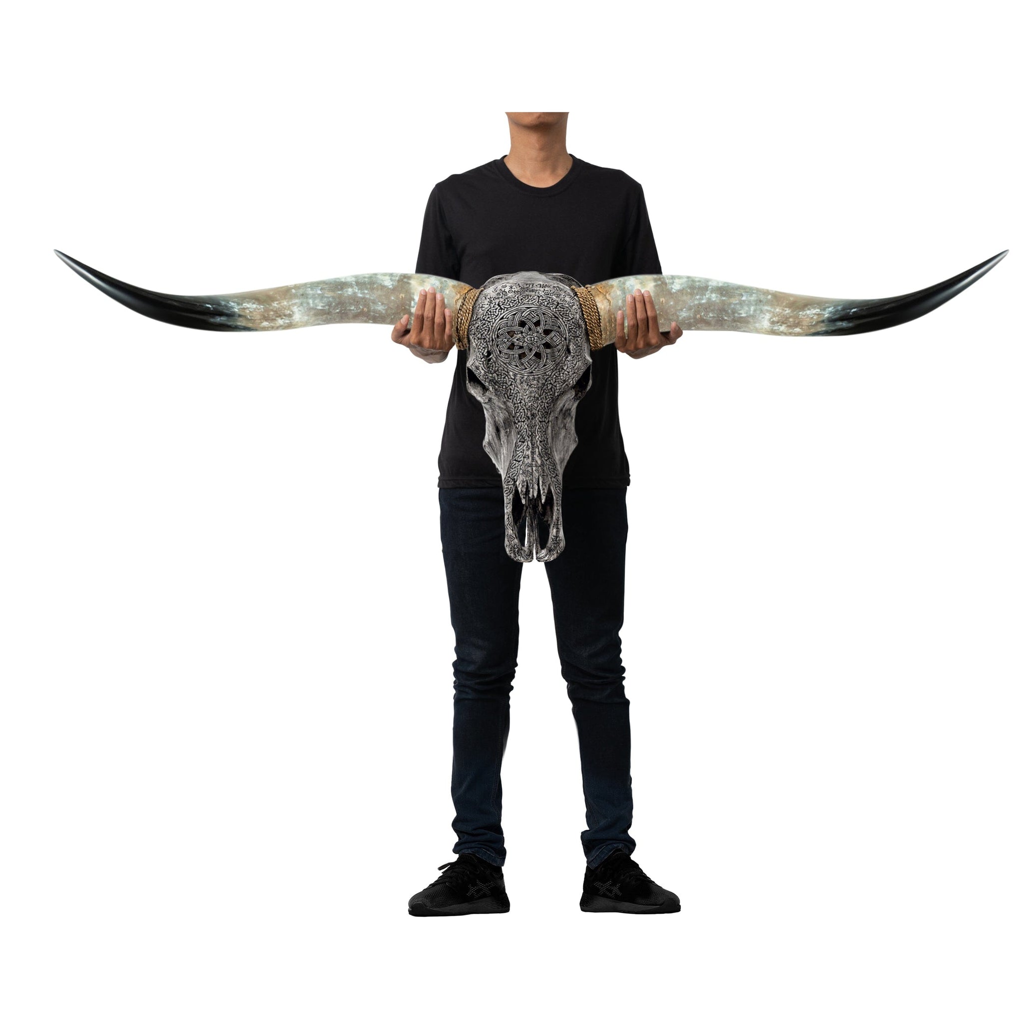 Hand Carved Longhorn Skull - Gray Norse Rune